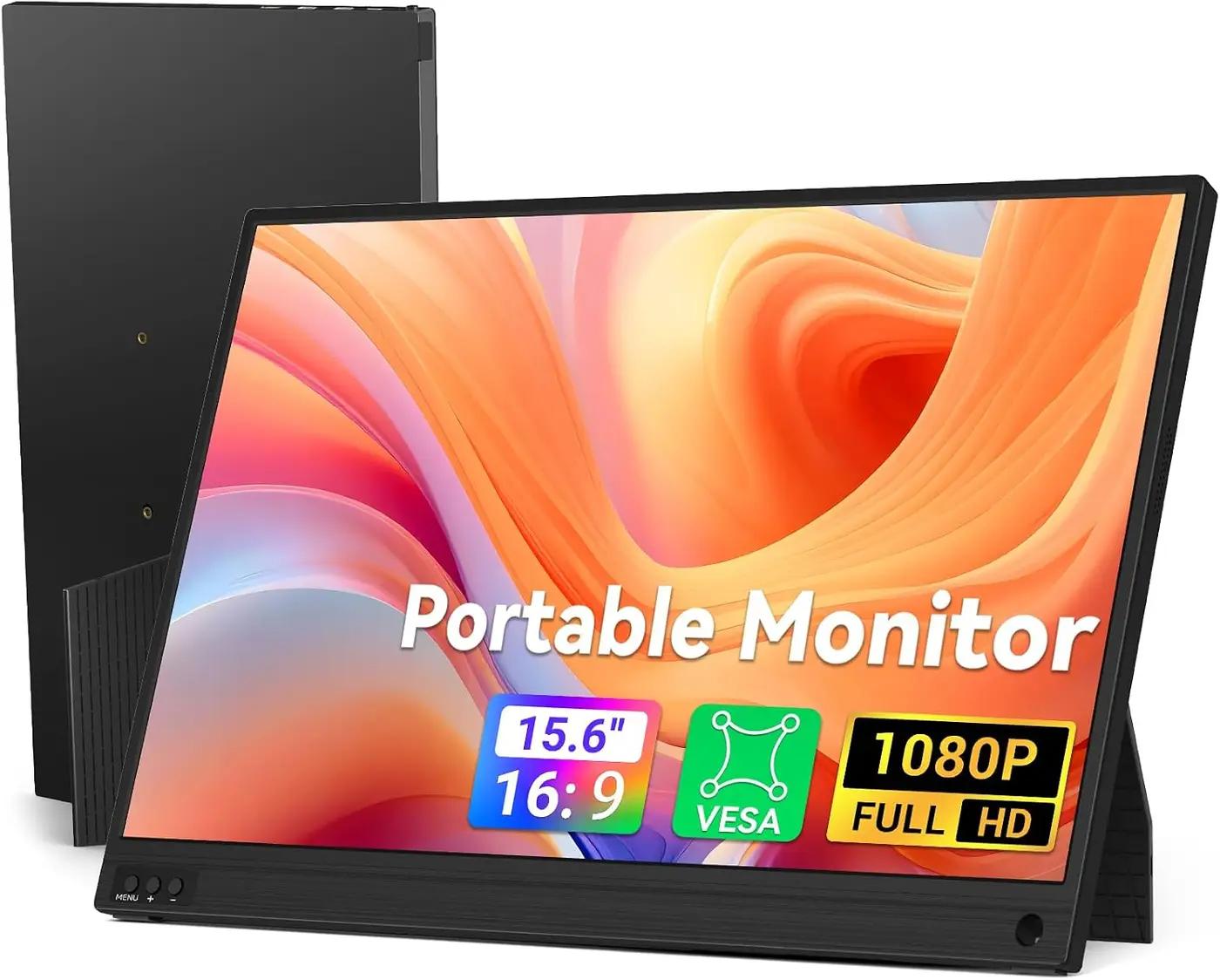 HotYeah Portable Laptop Monitor, 15.6-in 1080P FHD Travel Monitor USB-C HDMI External Computer Screen FreeSync IPS w/Kickstand, Extra External Display for Laptop PC Mac Phone Tablet Switch Xbox PS5
