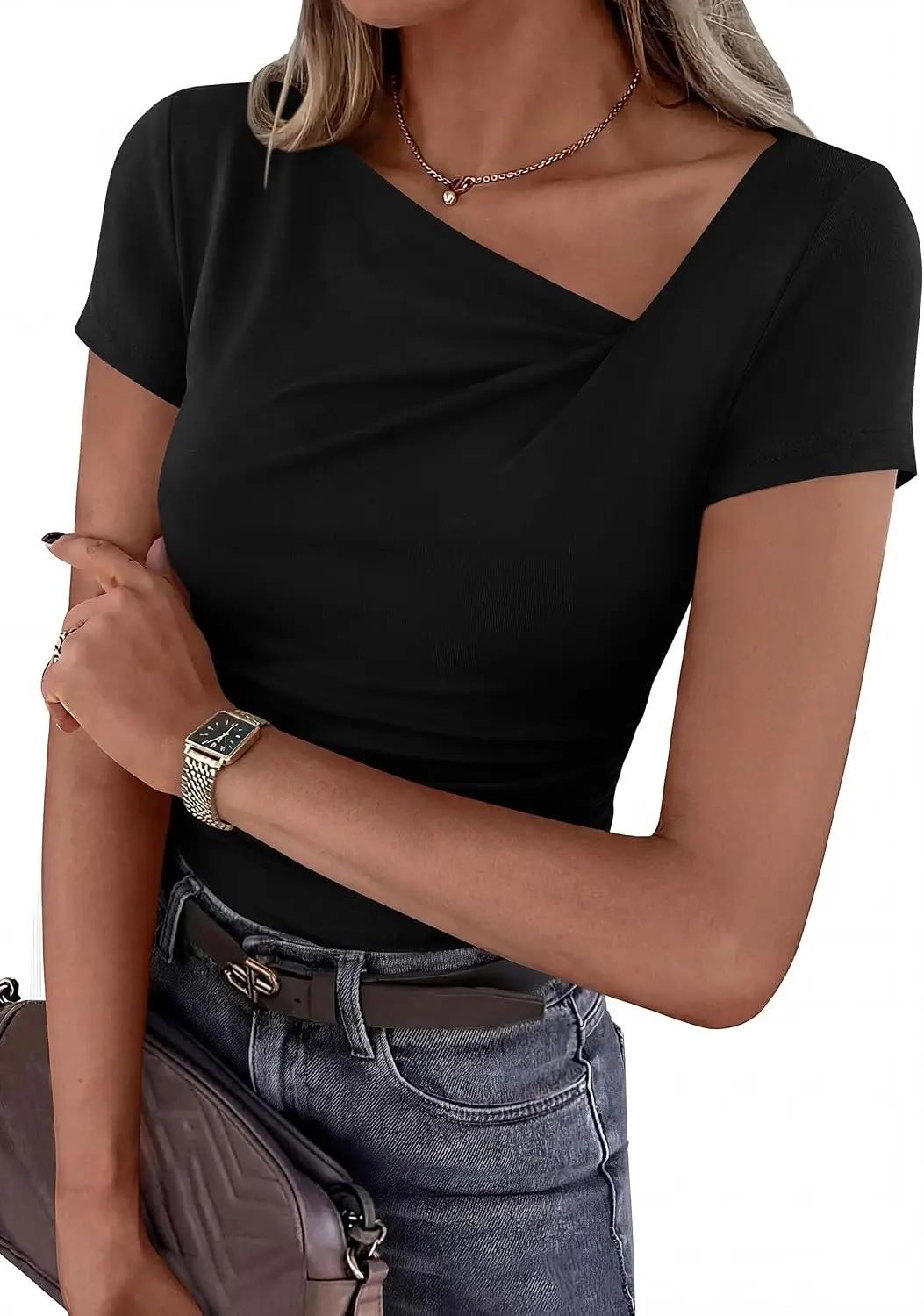 PRETTYGARDEN Women's 2026 Summer Asymmetrical Y2K Tops Trendy Ribbed Short Sleeve Fitted Tee Shirts Spring Fashion Clothing OEKO-TEX STANDARD 100
