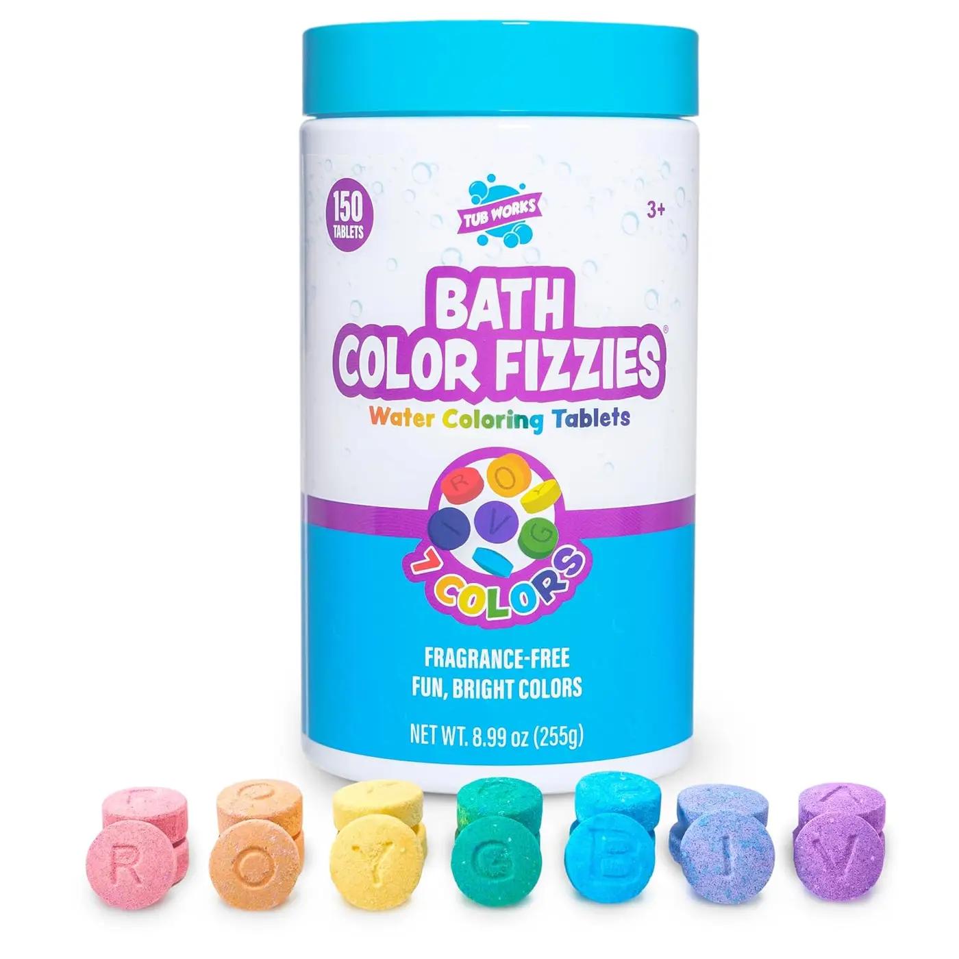 Tub Works® Bath Color Fizzies, 150 Count | Nontoxic &amp; Fragrance-Free | Fizzy, Bath Color Tablets for Kids | Create Colorful Water Water Tablets in 7 Colors for Variety | Bath Bombs for Kids Bathtub