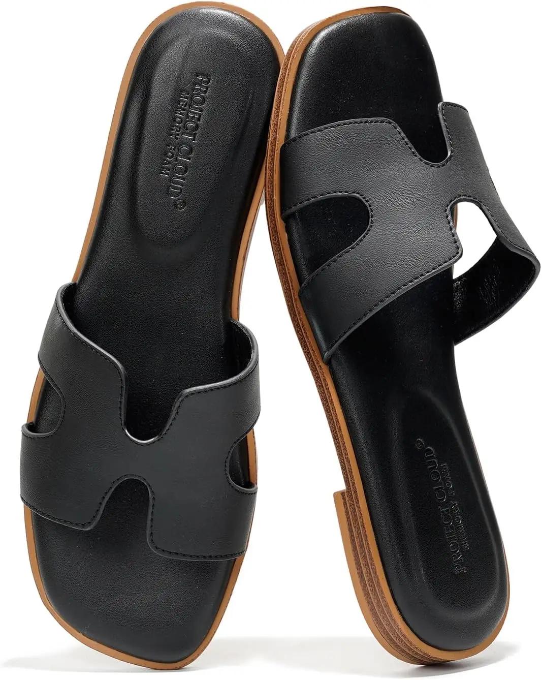 Project Cloud 100% Genuine Leather Sandals for Women 2026 - Fashion Flat Womens Sandals with Memory Foam Insole Slides Sandals Women Footwear - Mules Women's Sandals (Jannel)