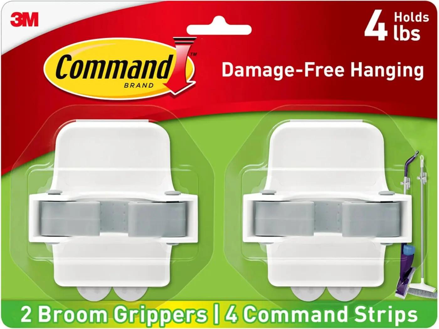 Command Broom Grippers, 2 Hangers and 4 Strips, Damage-Free Mop and Broom Holder Wall Mount, Household Cleaning Tool Organizer for Kitchen, Laundry Room, Closet, Holds up to 4 lb