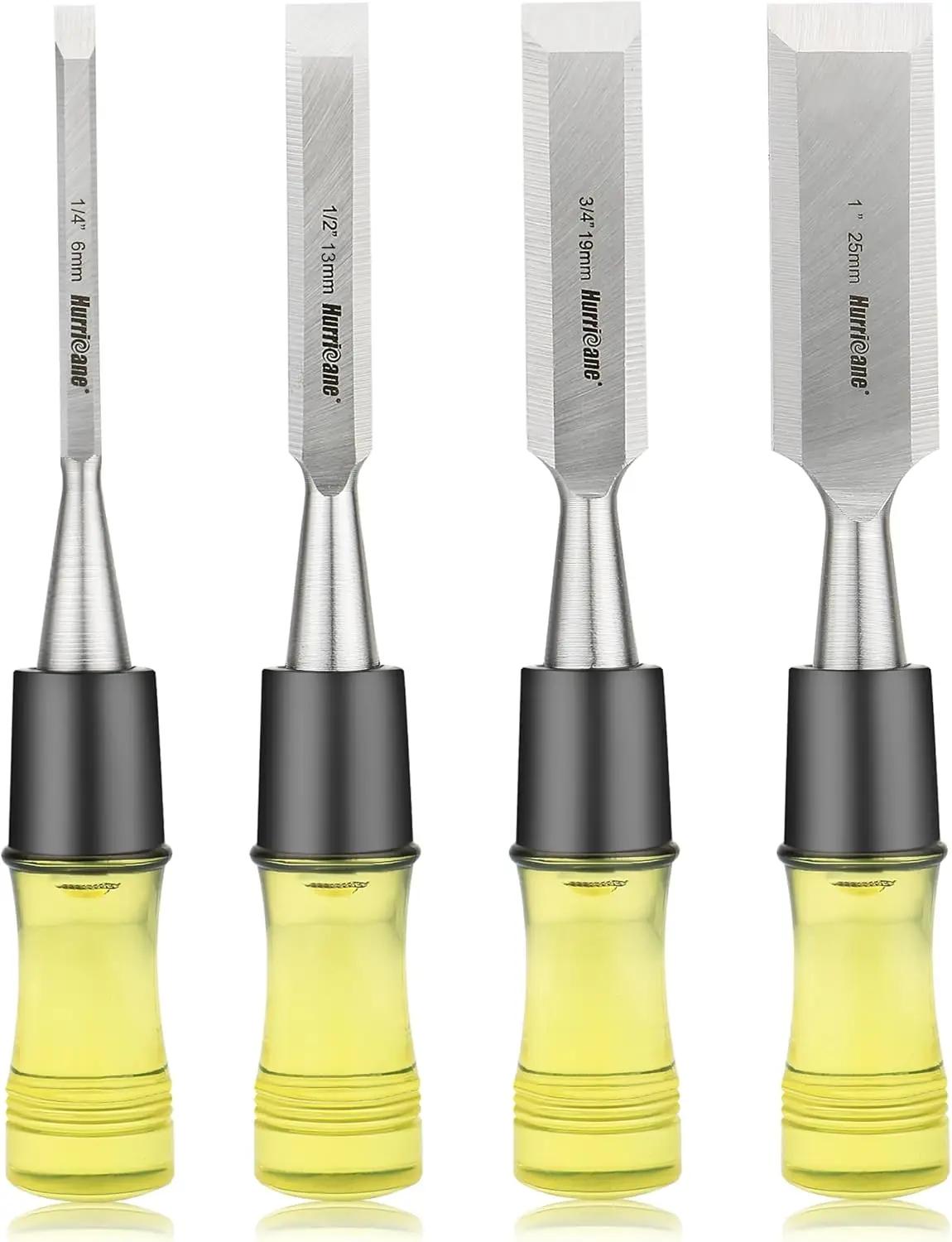 HURRICANE 4 Piece Wood Chisel Set for Woodworking. CR-V Steel Beveled Edge Blades with Safety Caps. Durable PVC High Impact Handle, for Precision Carving &amp; DIY Projects (1/4", 1/2", 3/4", 1")