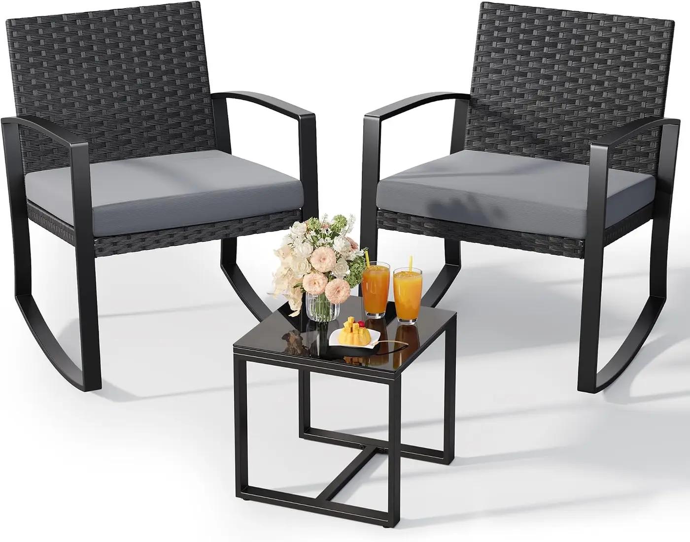 Qsun 3 Pieces Outdoor Patio Furniture Set Rocking Bistro Set Outdoor Rattan Conversation with Coffee Table for Garden Balcony Backyard Poolside (Grey Cushion)