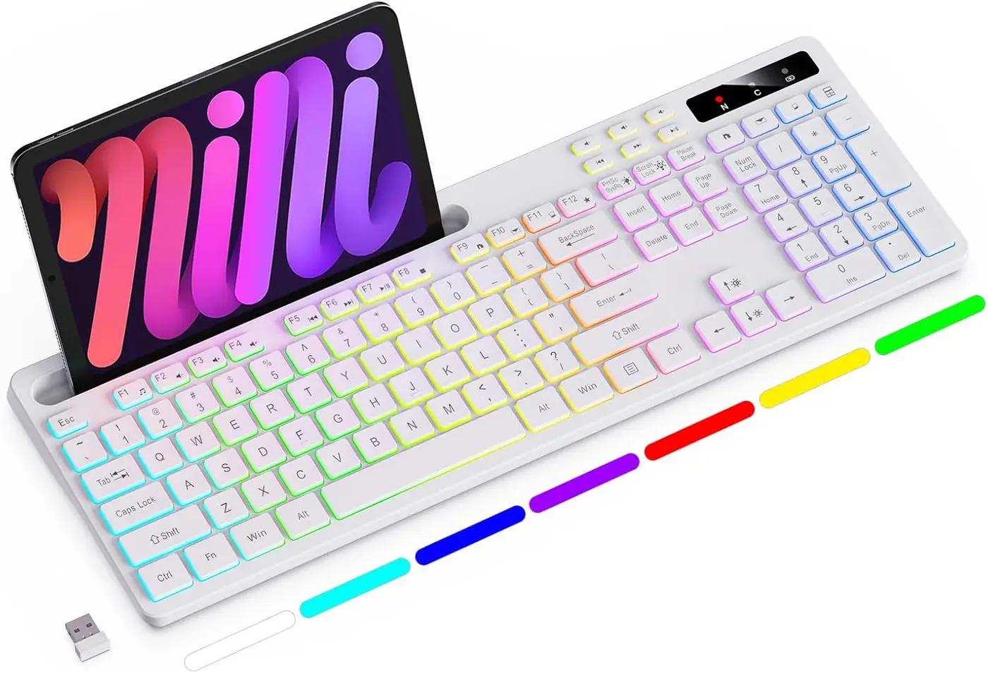 Soueto Wireless Keyboard with 7-Color RGB Backlit, Full-Size Computer Keyboard with Phone Tablet Holder, 2.4G Rechargeable Gaming Keyboard with Light Up Keys, Compatible with Mac, Windows (White)