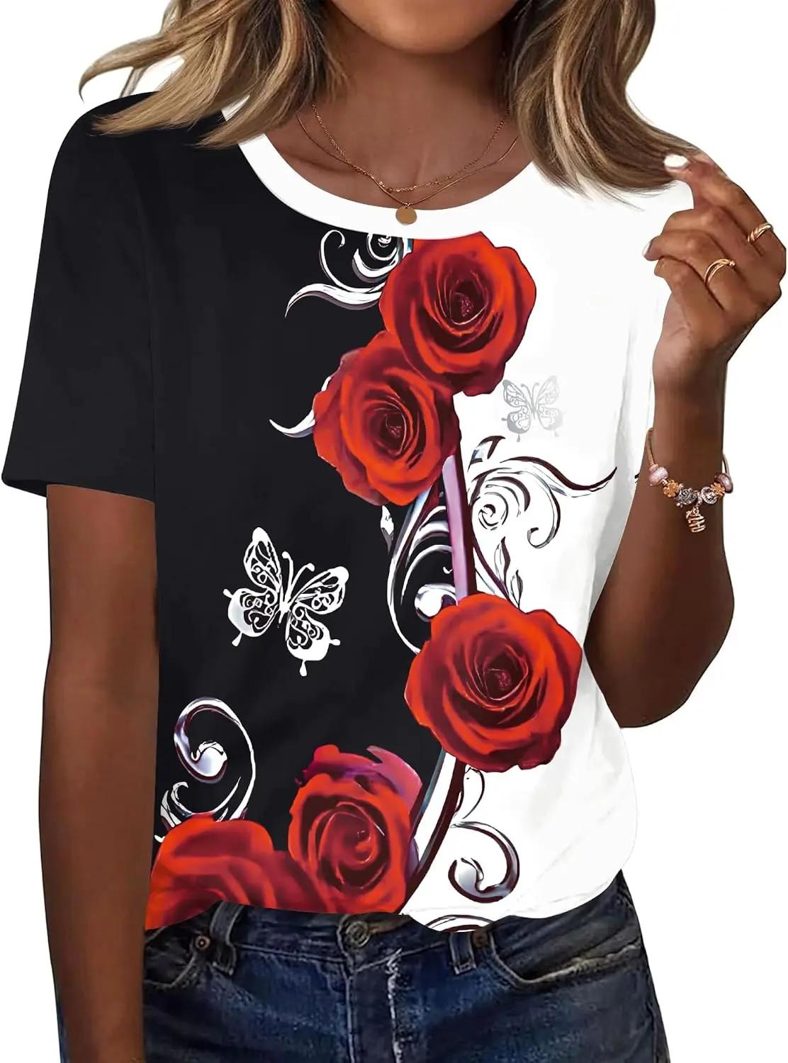 TCOT Women's Tops Summer Short Sleeve Crew Neck Shirts Dressy Casual Blouses for Women S-3XL
