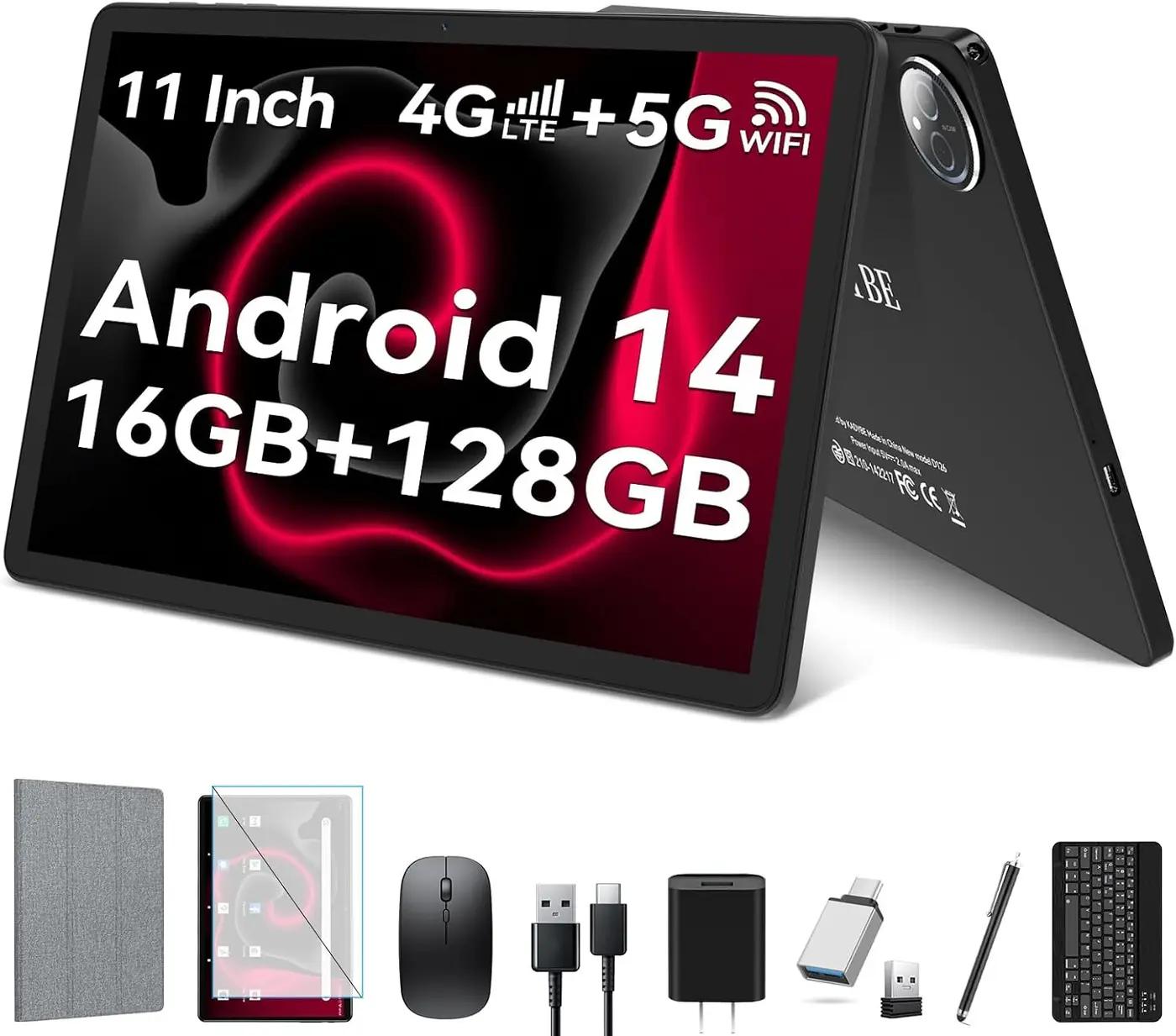 2026 Latest 11 inch Tablet, Android 14 Tablets with 16GB RAM 128GB ROM 1TB Expand, Dual 4G Tablet with Keyboard for T-Mobile, 8000mAh Battery, Octa-Core Tableta with 21 MP Camera, 11" Incell Screen
