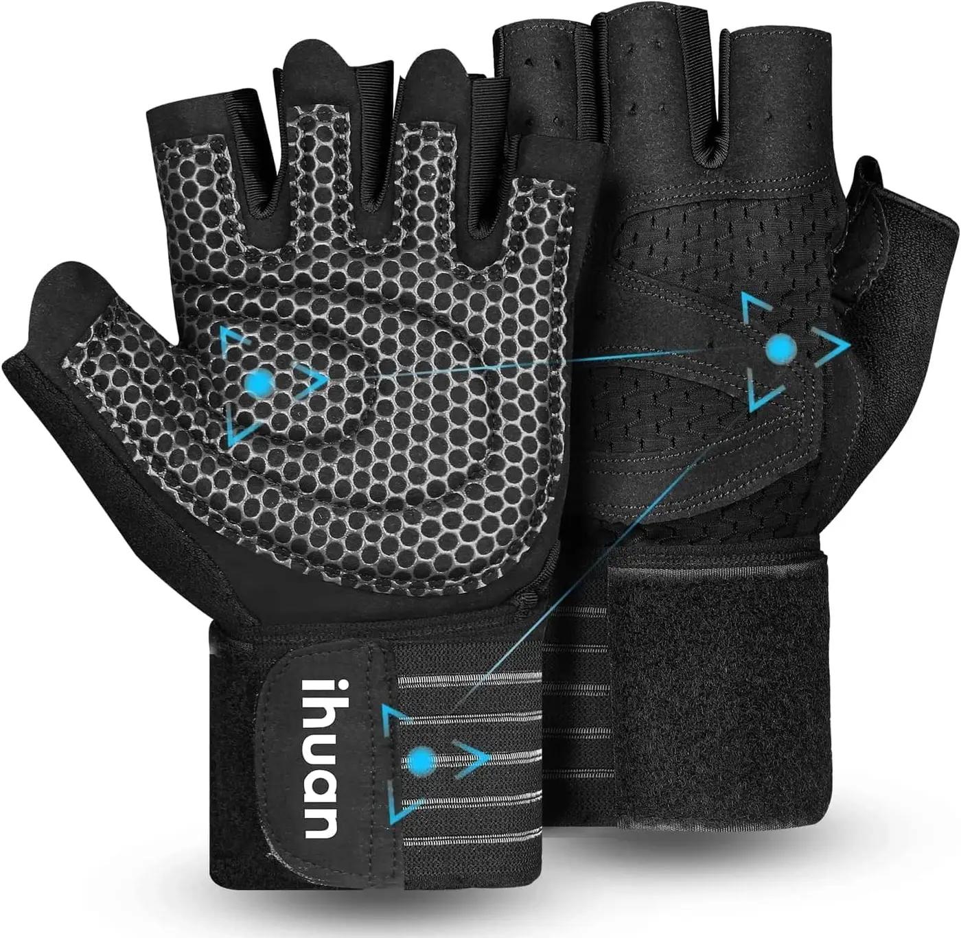 ihuan Ventilated Weight Lifting Gym Workout Gloves with Wrist Wrap Support for Men &amp; Women, Full Palm Protection, for Weightlifting, Training, Fitness, Hanging, Pull ups