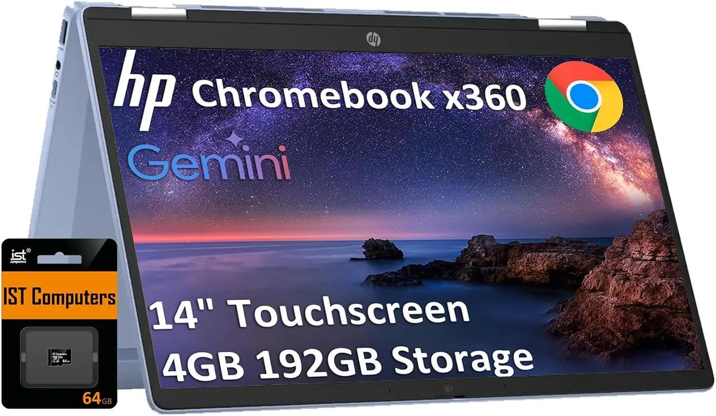 HP Chromebook x360 14b 2-in-1 Touchscreen Laptop (14" HD, 4GB RAM, Intel N200, 192GB Storage (128GB SSD+64GB SD Card)) for Home, Students, HD Webcam, Wi-Fi 6, Long Battery Life, Chrome OS, Sky Blue