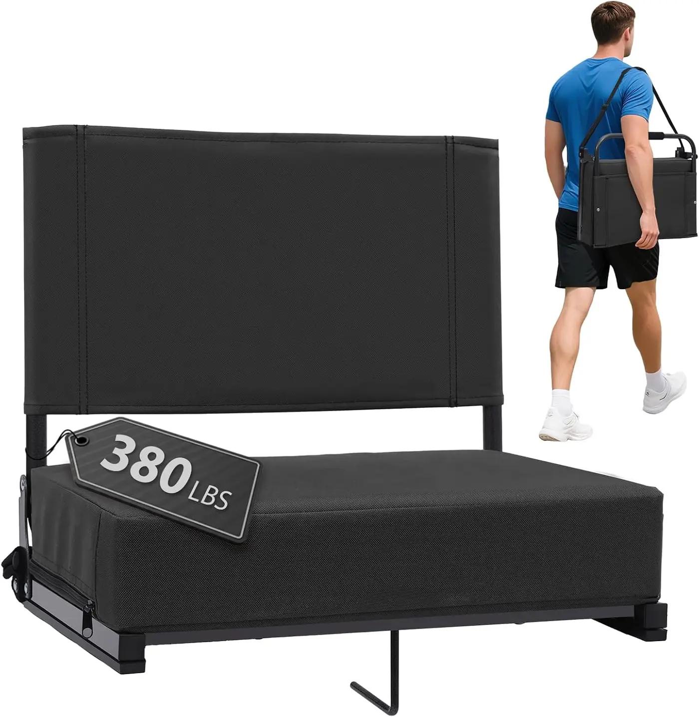 Stadium Seats with Back Support - Padded Portable Bleacher Seat with Handle Shoulder Strap - 18.4in Wide Bleacher Chair with Back and Cushion for Sports &amp; Outdoor Events Black