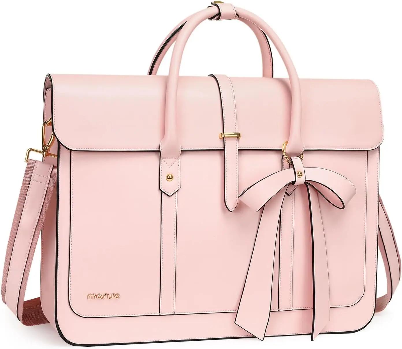 MOSISO Laptop Bag for Women, 15-15.6 inch PU Leather Laptop Shoulder Bags Convertible Backpack, 16 inch Messenger Bags Casual Handbag Work Briefcase Travel Computer Bag with Bowknot, Pink Global Recycled Standard