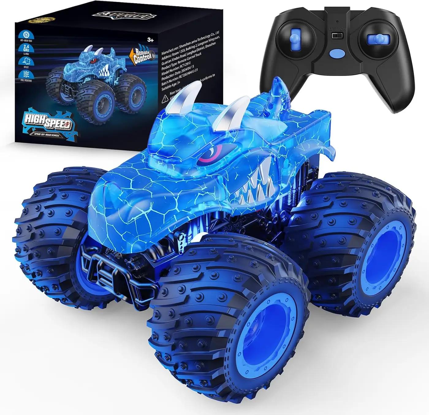 AUUGUU Remote Control Car, 2.4GHz Monster Trucks Toys with Light Spray, Birthday Gift for Kids 3 4 5 6 7 8, All Terrain RC Cars, Toddler Toys for Boys Girls 3+ Year Old
