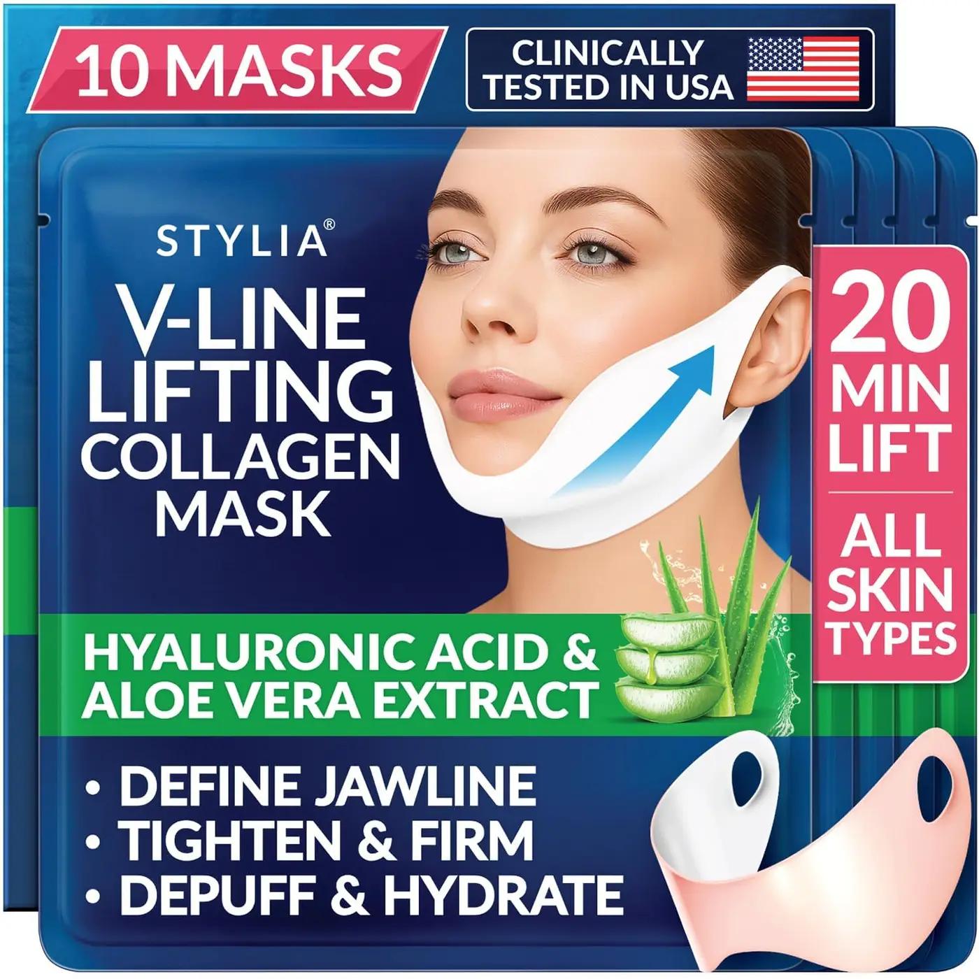 Stylia V Line Lifting Collagen Mask - Lift, Firm &amp; Contour Jawline - Tightening Double Chin Strap with Hyaluronic Acid &amp; Aloe - Neck Tightening and Lifting Mask - Jawline Shaper Face Lift Tape (10PC)