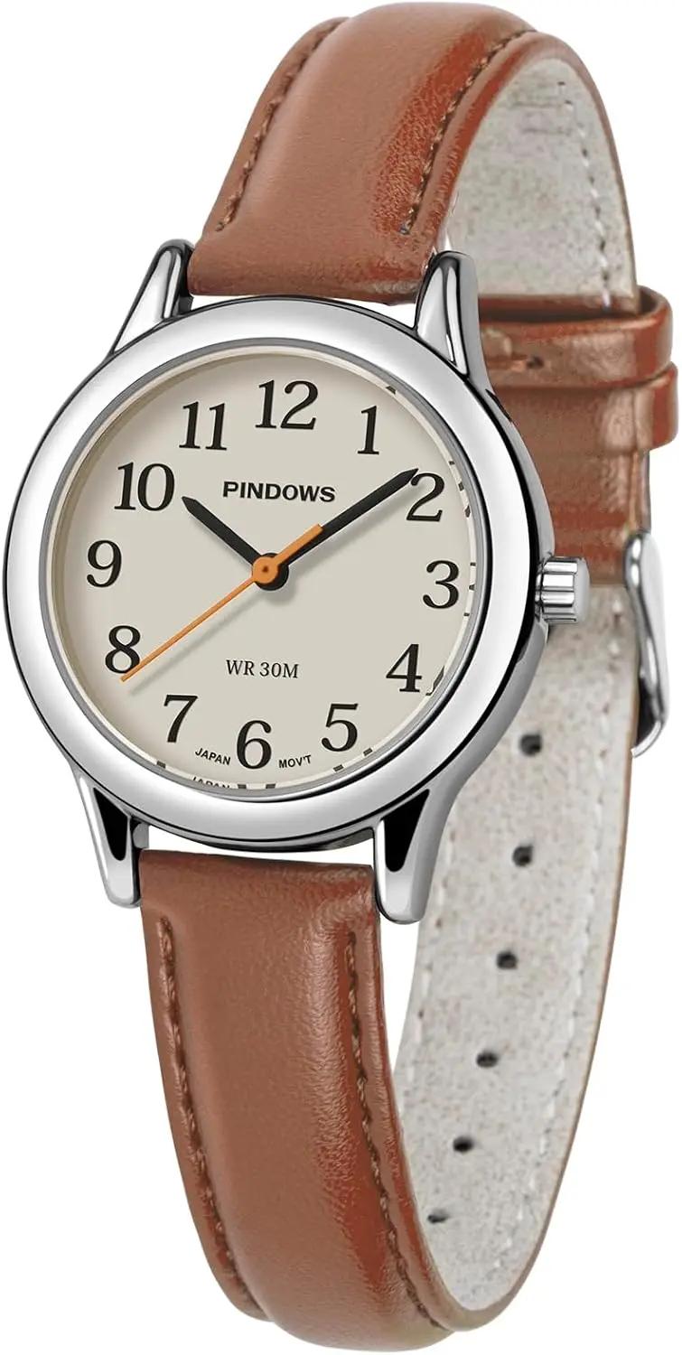 PINDOWS Minimalist Watches for Women, Gold-Tone Case with Black Leather Strap, Fashionable, Everyday Elegant Quartz Analog Dress Watch
