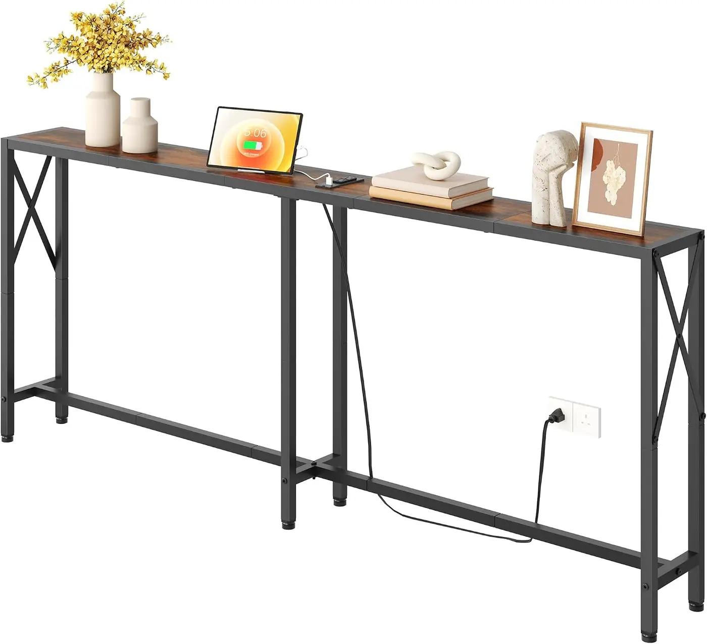 Gewudraw 70 in Skinny Sofa Table Behind Couch, Console Table with Oulets &amp; USB Ports for Hallway, Entryway,Living Room, Bedroom, Rustic Brown