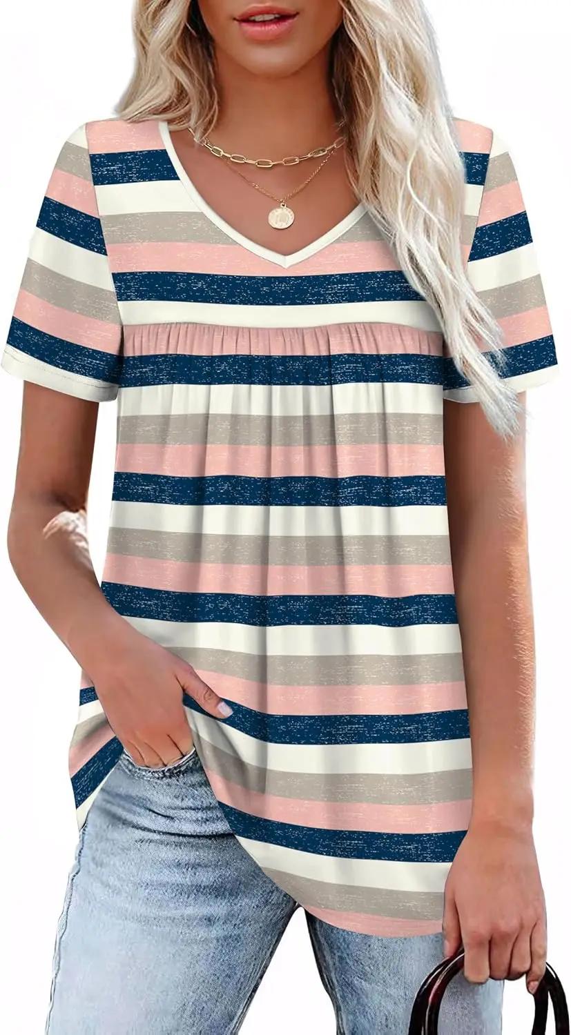 WEESO Womens T Shirts Short Sleeve Pleated Dressy Casual V Neck Summer Tops Blouses