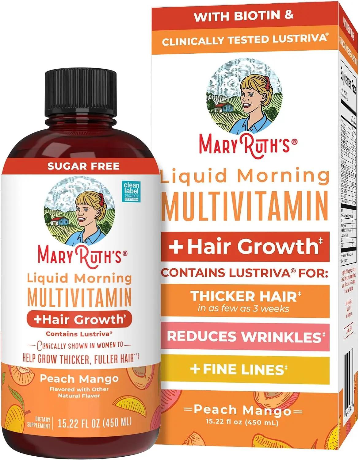 MARYRUTH'S Liquid Multivitamin+Hair Growth | Biotin 10000mcg | Lustriva Hair Growth Supplement | Clinically Tested in Women for Thicker Hair&amp;Facial Wrinkle | Skin Care | Ages 18+ | 15.22 Fl Oz