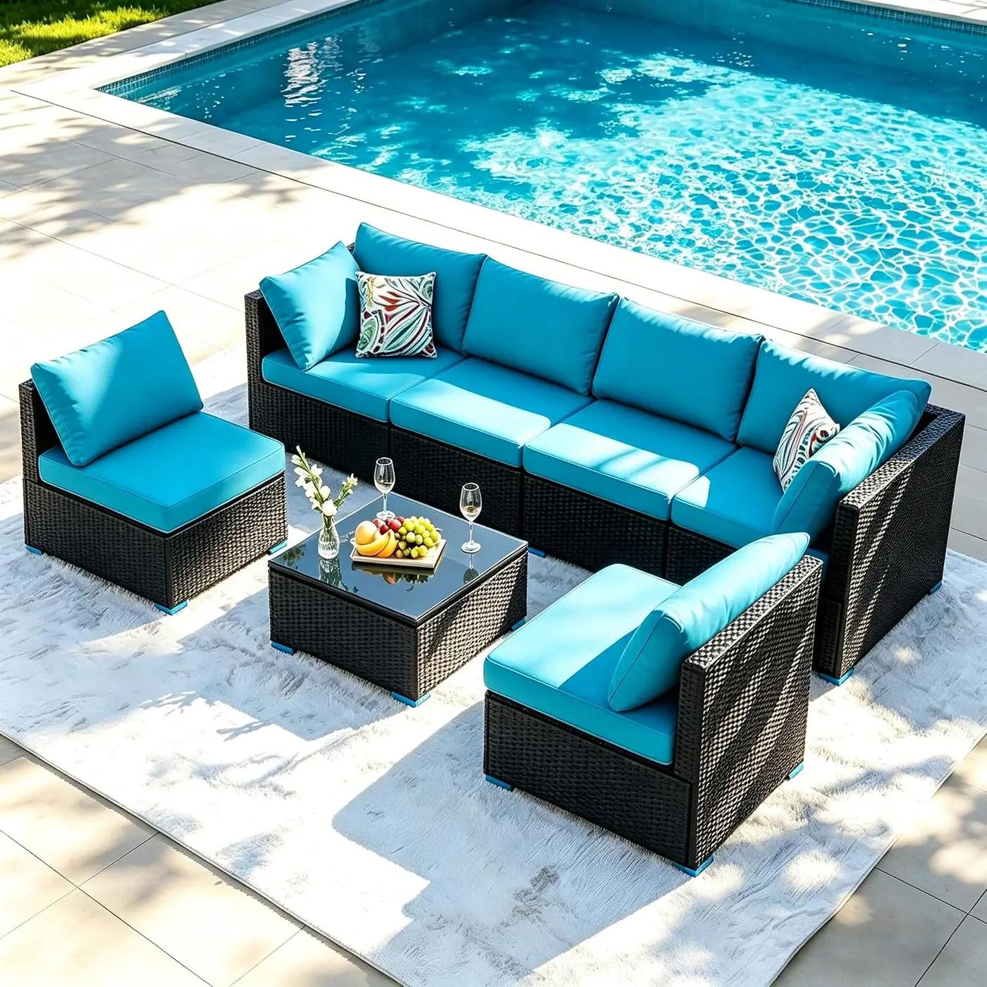 7 Piece Outdoor Sectional Sofas with Waterproof Cover, Outdoor Patio Furniture Set with Coffee Table, Sectional Couch Sofa with Cushions, Wicker Outdoor Conversation Set for Backyard &amp; Garden, Blue