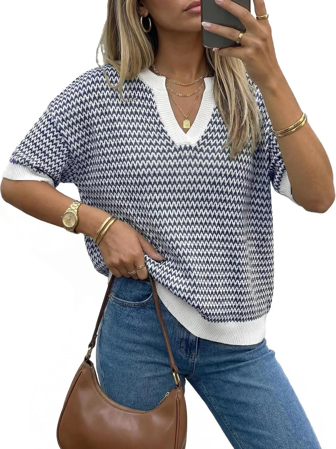 Arach&amp;Cloz Women's 100% Cotton Polo V Neck Striped Short Sleeve Spring Casual Pullover Sweaters 2026