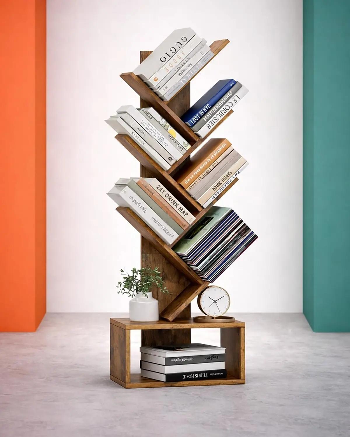 6 Tier Tree Book Shelf - Small Bookshelf Decor, Corner Bookshelf, Living Room Storage, Tall Narrow DVD &amp; CD Shelf Storage Bookshelves, Comic Bookcases Standing for Bedroom or Office, Rustic Brown