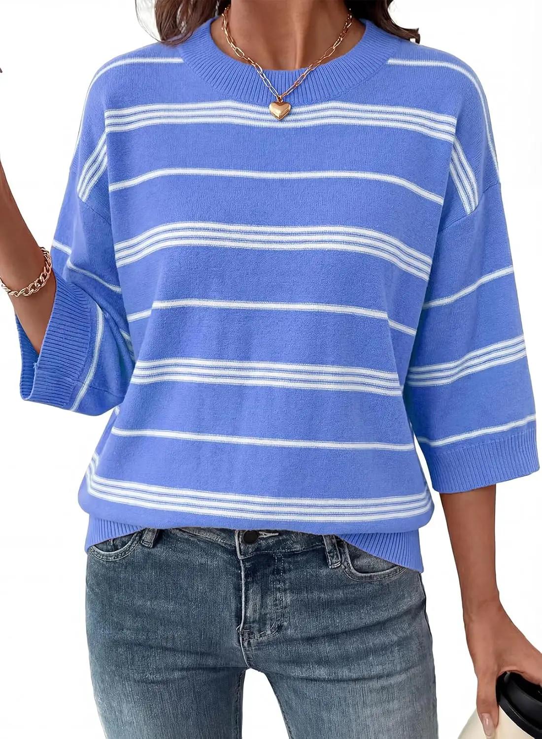 Dokotoo Womens Sweaters Spring Summer Oversized 3/4 Sleeve Striped Crewneck Casual Lightweight Knit Pullover Sweater Tops