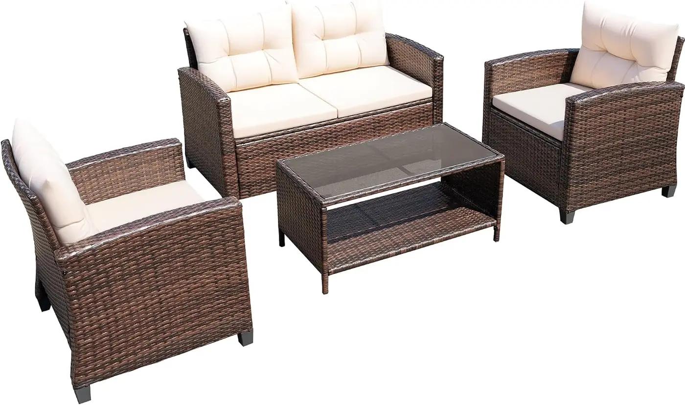 Devoko 4-Piece Patio Furniture Set, All-Weather PE Rattan Outdoor Conversation Set with Thick Cushions &amp; Glass Coffee Table, Brown Wicker Patio Sofa Set for Backyard, Porch, Garden