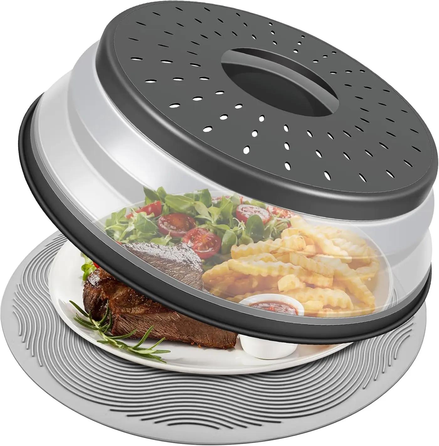 LekDrok 10 Inch Microwave Food Cover &amp; Collapsible Silicone Mat - Splatter Guard, Plate Holder &amp; Kitchen Colander for Meal Prep, Charcoal