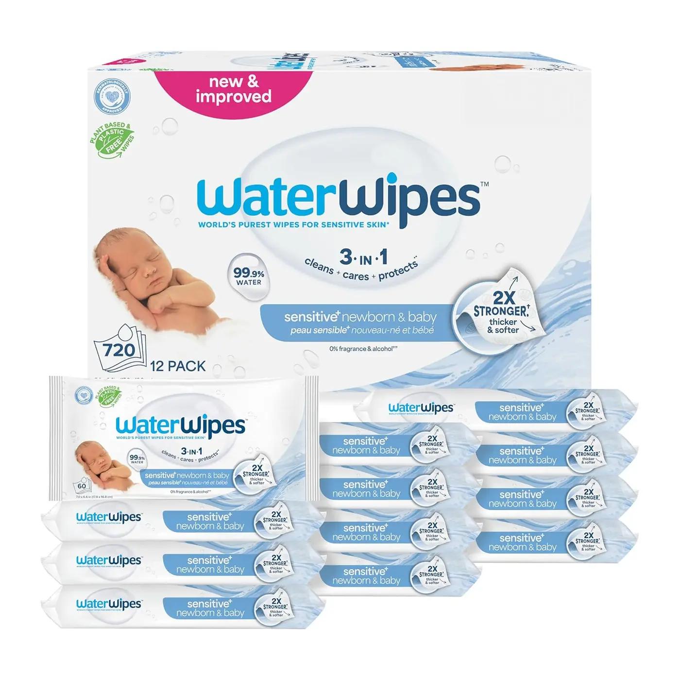 WaterWipes Sensitive+ Newborn &amp; Baby Wipes, 3-In-1 Cleans, Cares, Protects, 99.9% Water, Unscented &amp; Hypoallergenic, 720 Count (12 Packs) OEKO-TEX STANDARD 100