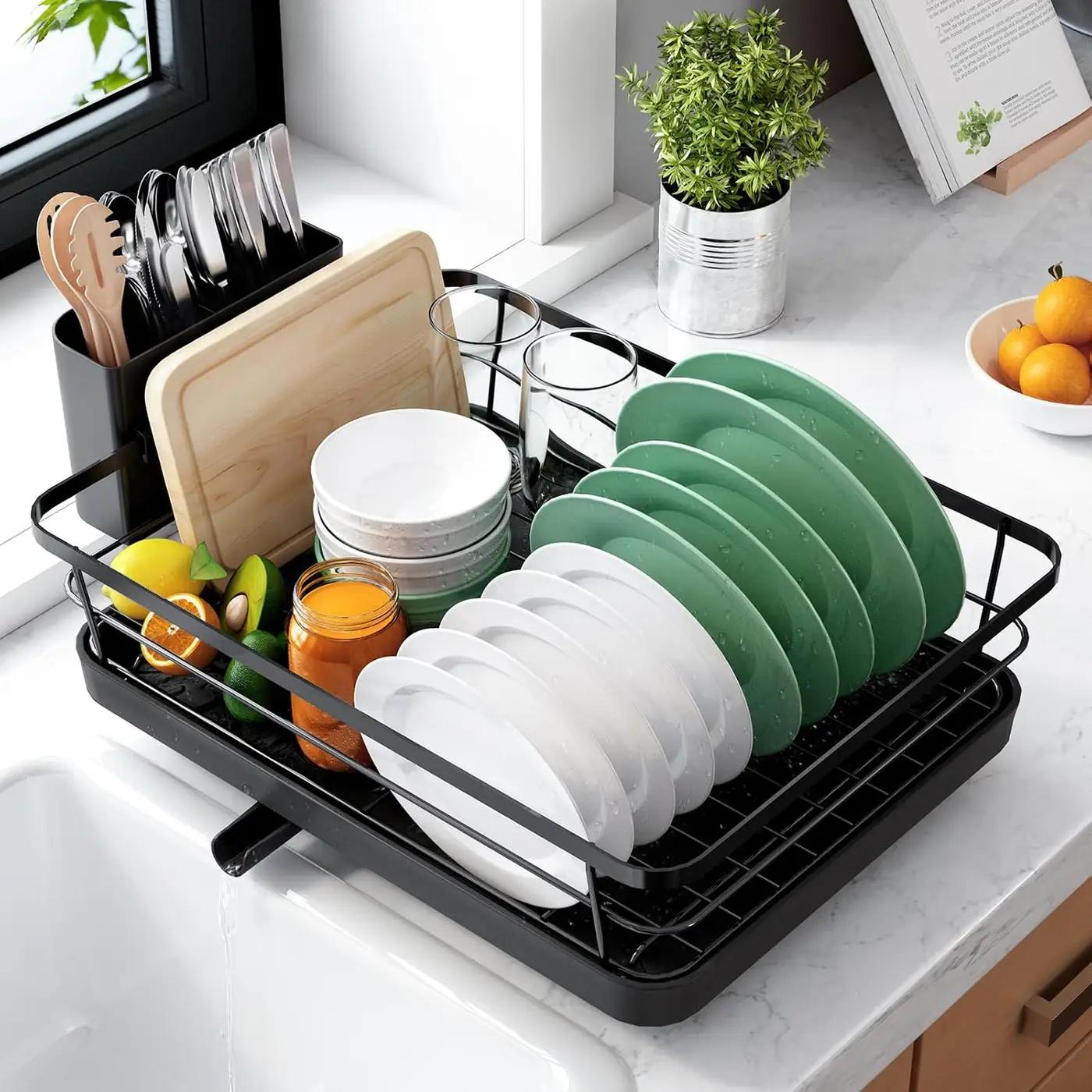 Kitsure Dish Drying Rack for Kitchen Counter, Stainless Steel Sink Organization and Storage Essentials with Cutlery Holder, Home and Appartment Decor, 12''W x 15.5''L, Black Global Recycled Standard