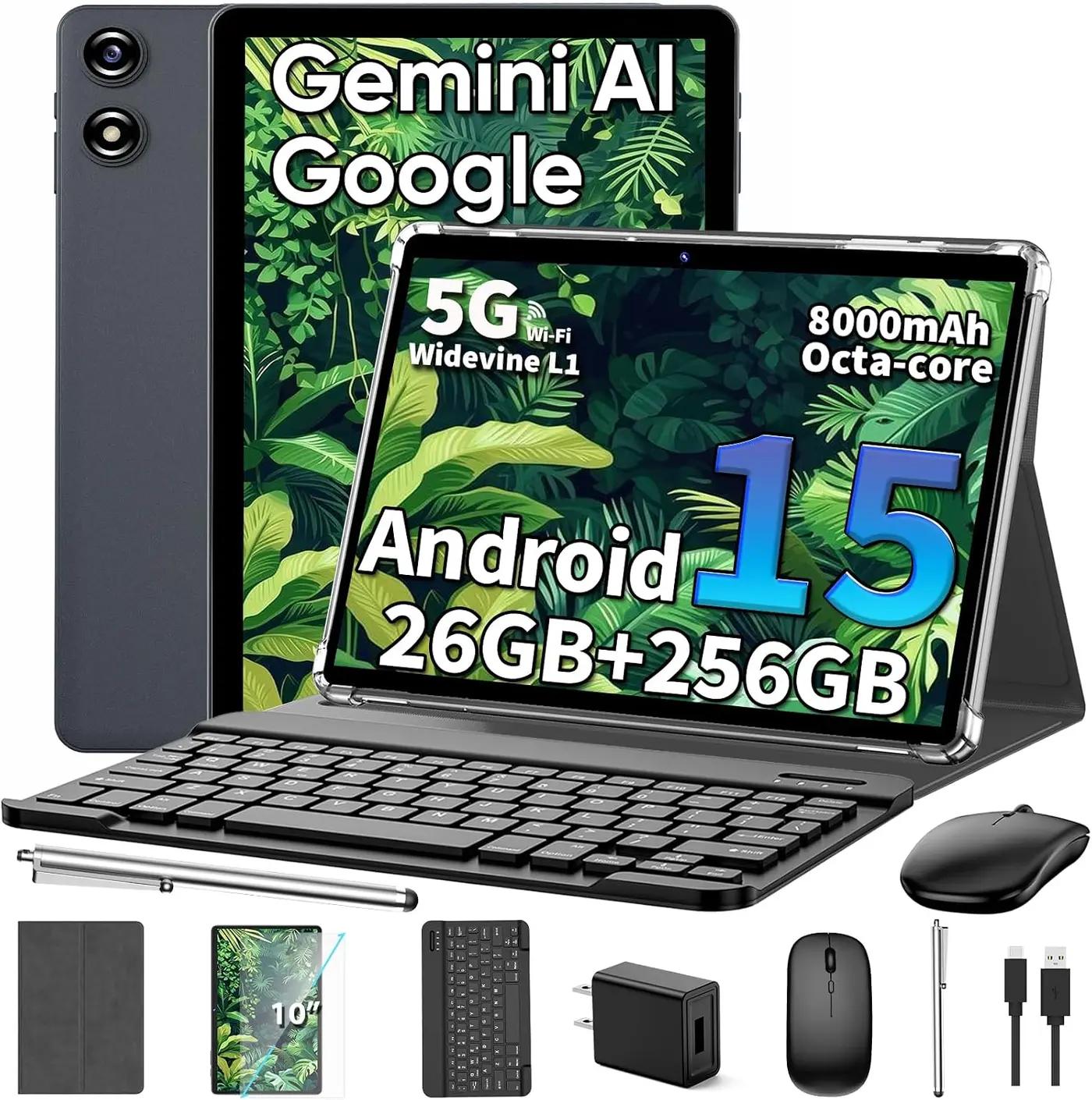 2026 10 Inch Tablet, Android 15 Tablet with Keyboard, 26GB+256GB+2TB Expand, Tablets PC with Gemini AI, Octa-Core, 5G WiFi, 8000mAh, GPS, GMS, 2-in-1 Tablets with Mouse, Case, Stylus (Silver Case)