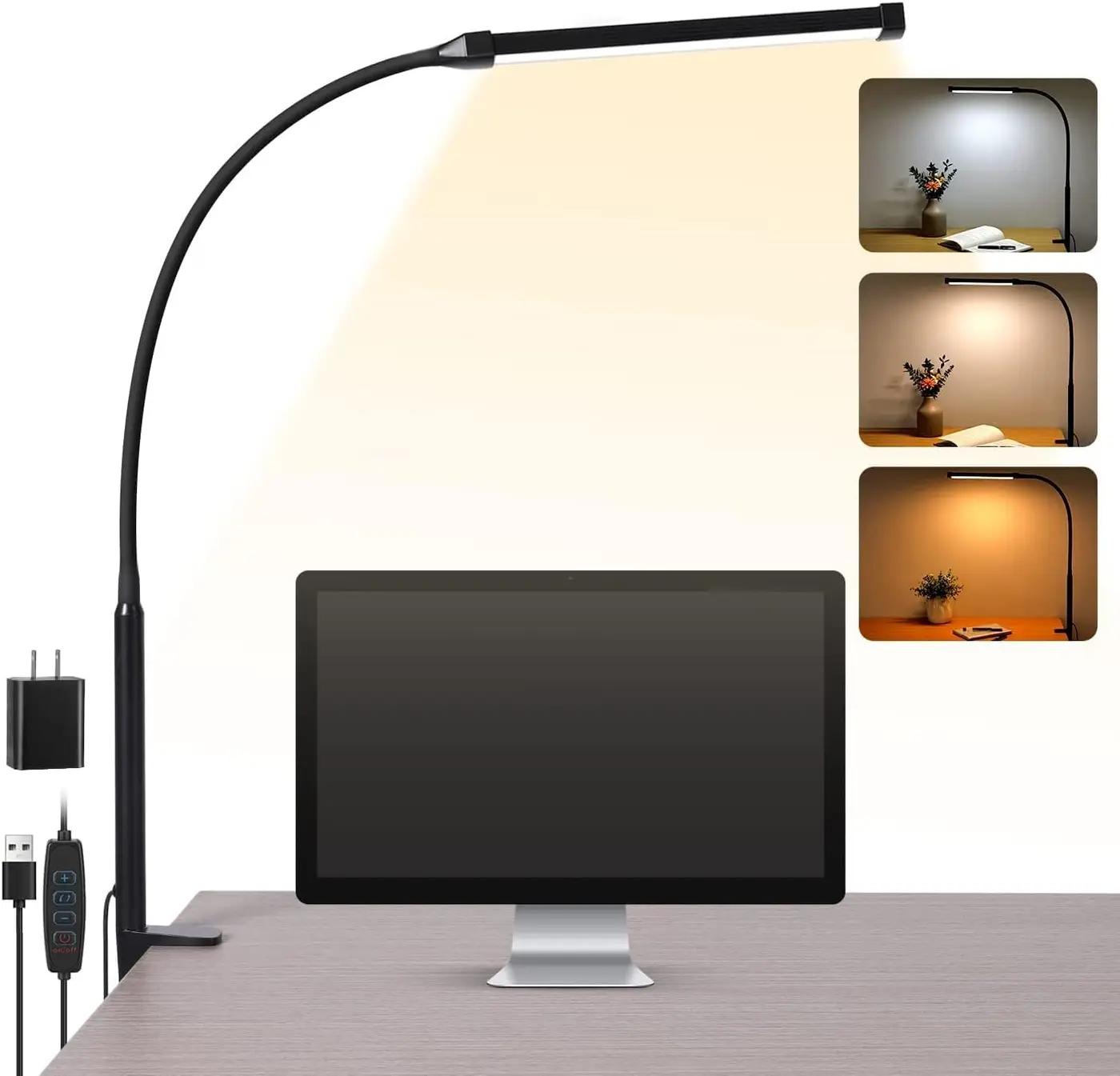 Voncerus LED Desk Lamp with Clamp, Eye-Caring Clip on Lights for Home Office, 3 Modes 10 Brightness, Long Flexible Goose-Neck, Metal, Swing Arm Architect Task Table Lamps with USB Adapter, Black Recycled Claim Standard Blended