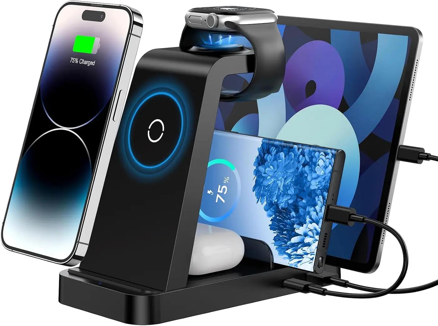 Wireless Charger for iPhone - 5 in 1 Charging Station for Multiple Devices Apple: Fast Wireless Charging Stand Dock for iPhone 17 16e 16 15 14 13 12 Pro Max Apple Watch Airpods Global Recycled Standard