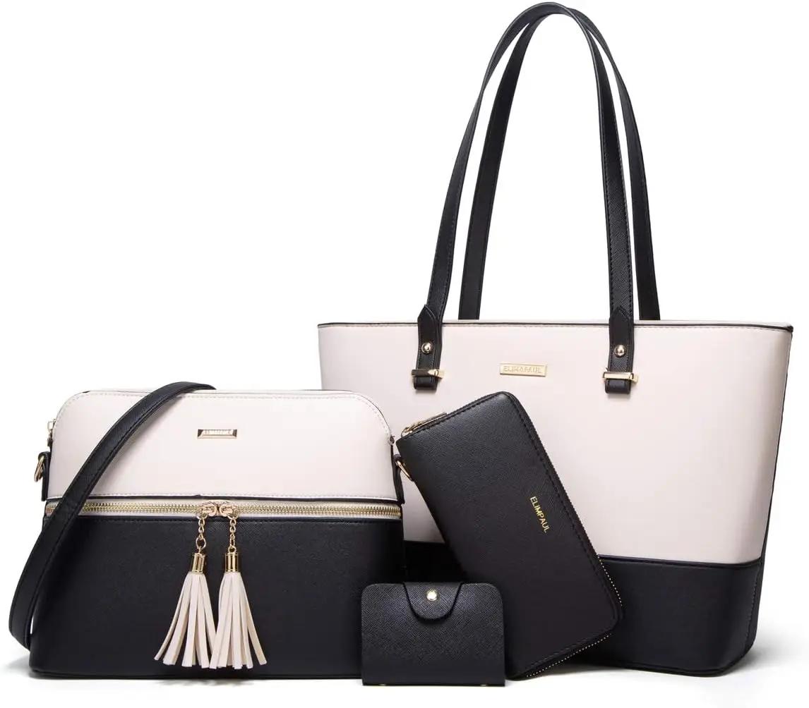 Lovematch Women Fashion Synthetic Leather Handbags Tote Bag Shoulder Bag Top Handle Satchel Purse Set 4pcs