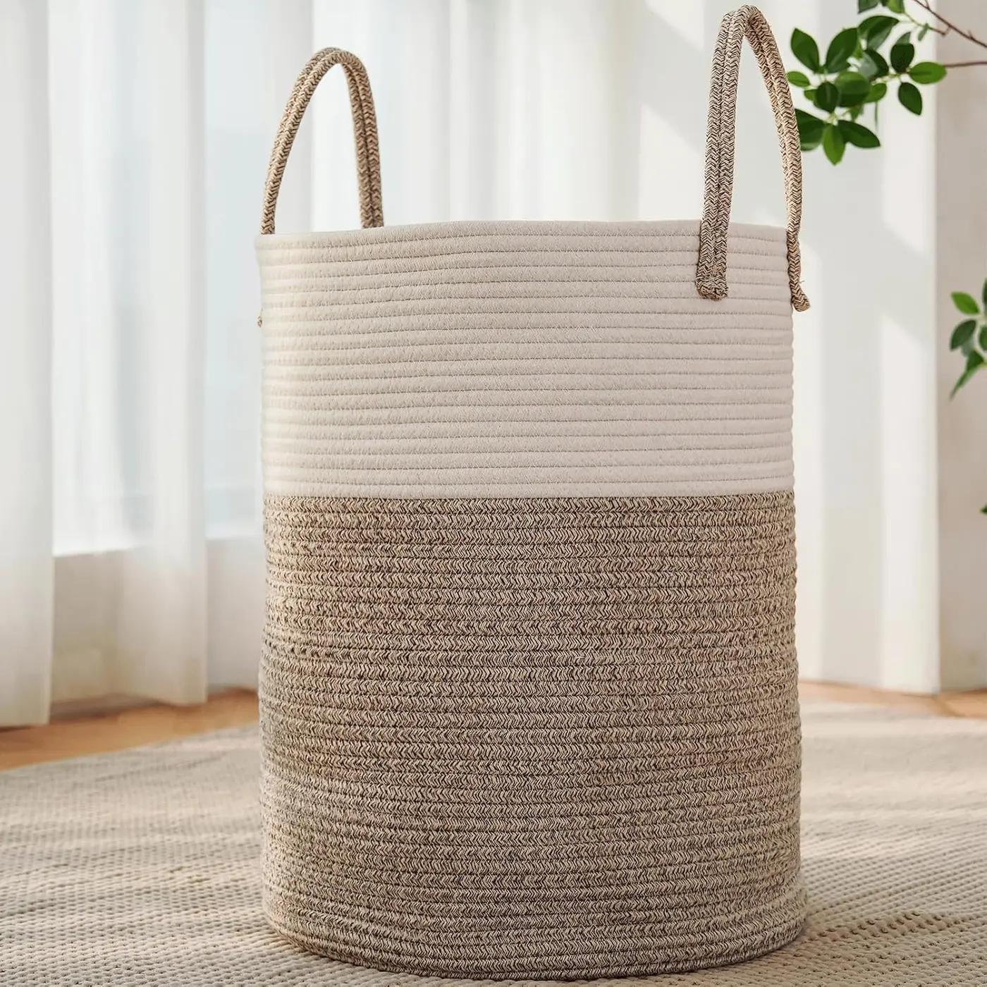 JMvicyroam Large Woven Laundry Basket Hamper,60L Cotton Rope Storage Bin for Blankets,Toys and Clothes,Decorative Tall Nursery Hamper for Living Room,Baby Nursery,Bathroom and Bedroom,Brown Global Recycled Standard