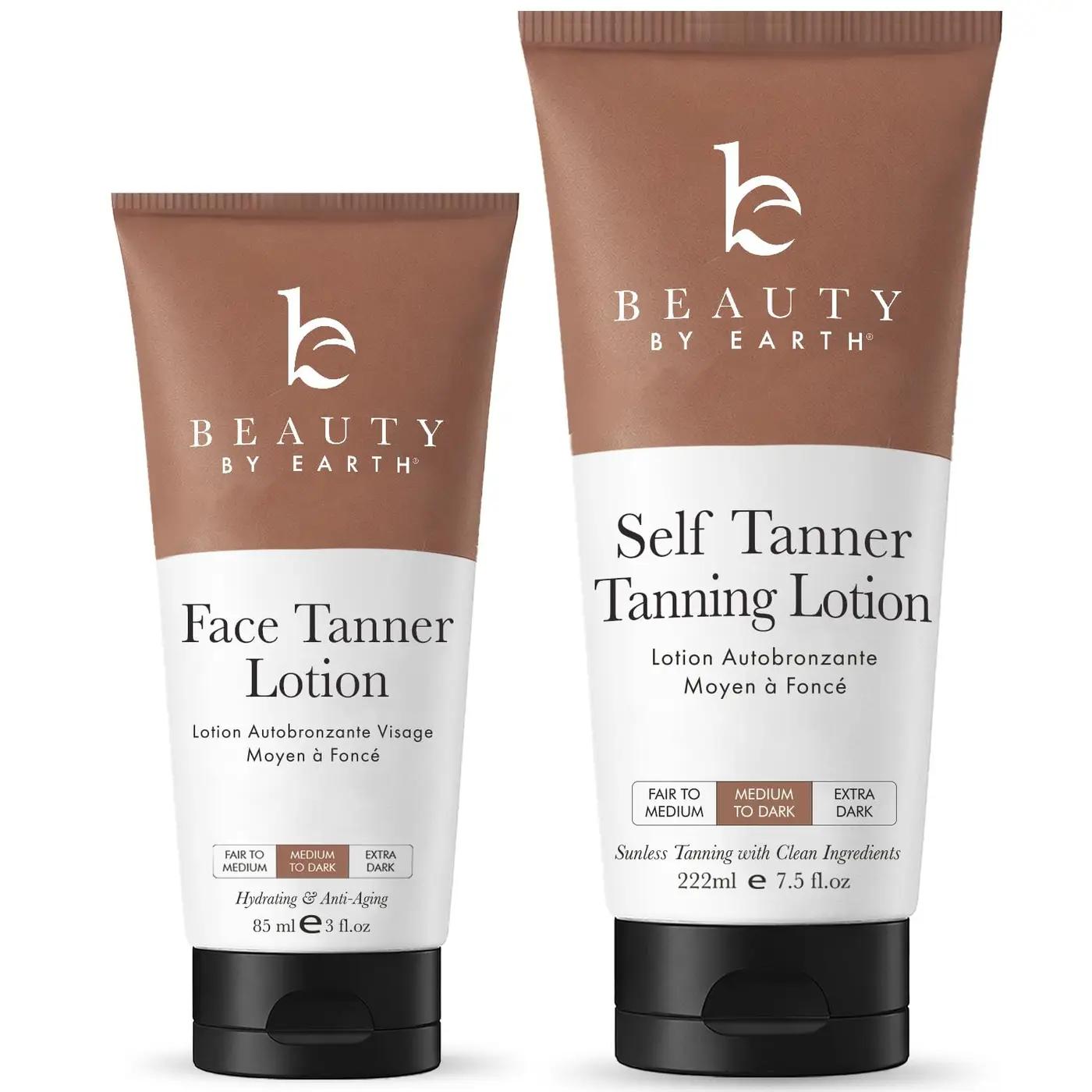 Self Tanner Face &amp; Body - With Organic Aloe Vera &amp; Shea Butter, Sunless Tanning Lotion, Bronzer Buildable Light, Medium or Dark Tan, Fake Tan Self Tanners Best Sellers, 7.5oz (body) 3oz (face)