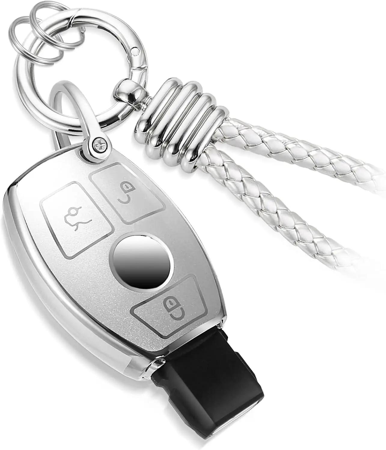 for Mercedes Key Fob Cover with Upgraded Anti-lost Luxury Keychains, Fashionable Matte Metallic Silver Soft Case for Benz A C E G S CLA GLA GT SLC SLS (Silver, A1)