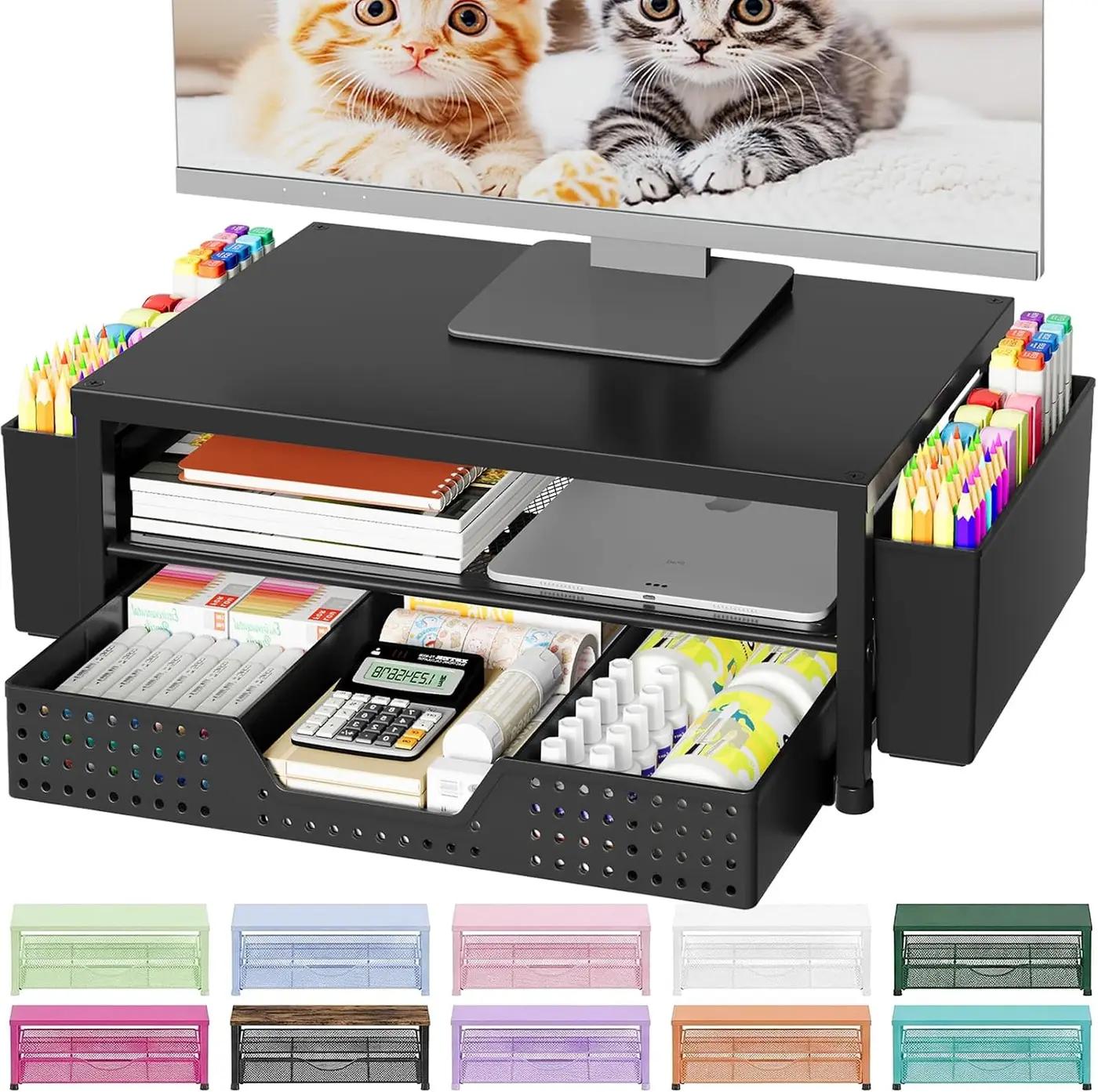 OPNICE Desk Organizers and Accessories, Computer Monitor Stand Riser with Drawer and 2 Pen Holders, Printer &amp; Laptop Stand, Office Desk Accessories &amp; Workspace Organizers for Home Office Supplies, Black