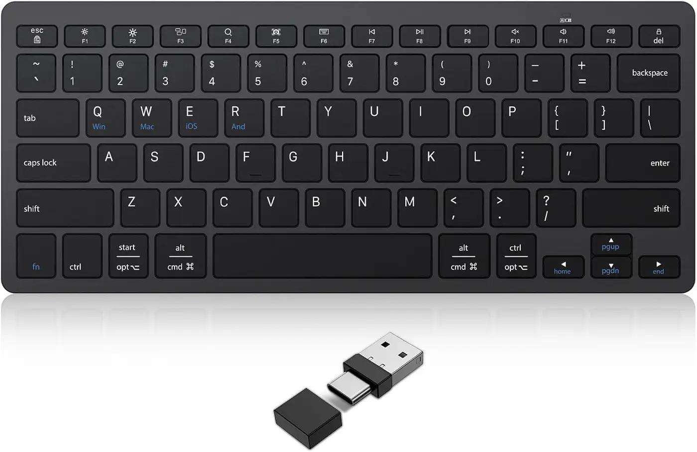 OMOTON 2.4G Wireless Keyboard, Ultra-Slim Compact Mini Keyboard with Type-C &amp; USB-A Receiver, Compatible with Desktop Laptop Tablet PC Smart TV and Windows 11/10/8/7 - Black
