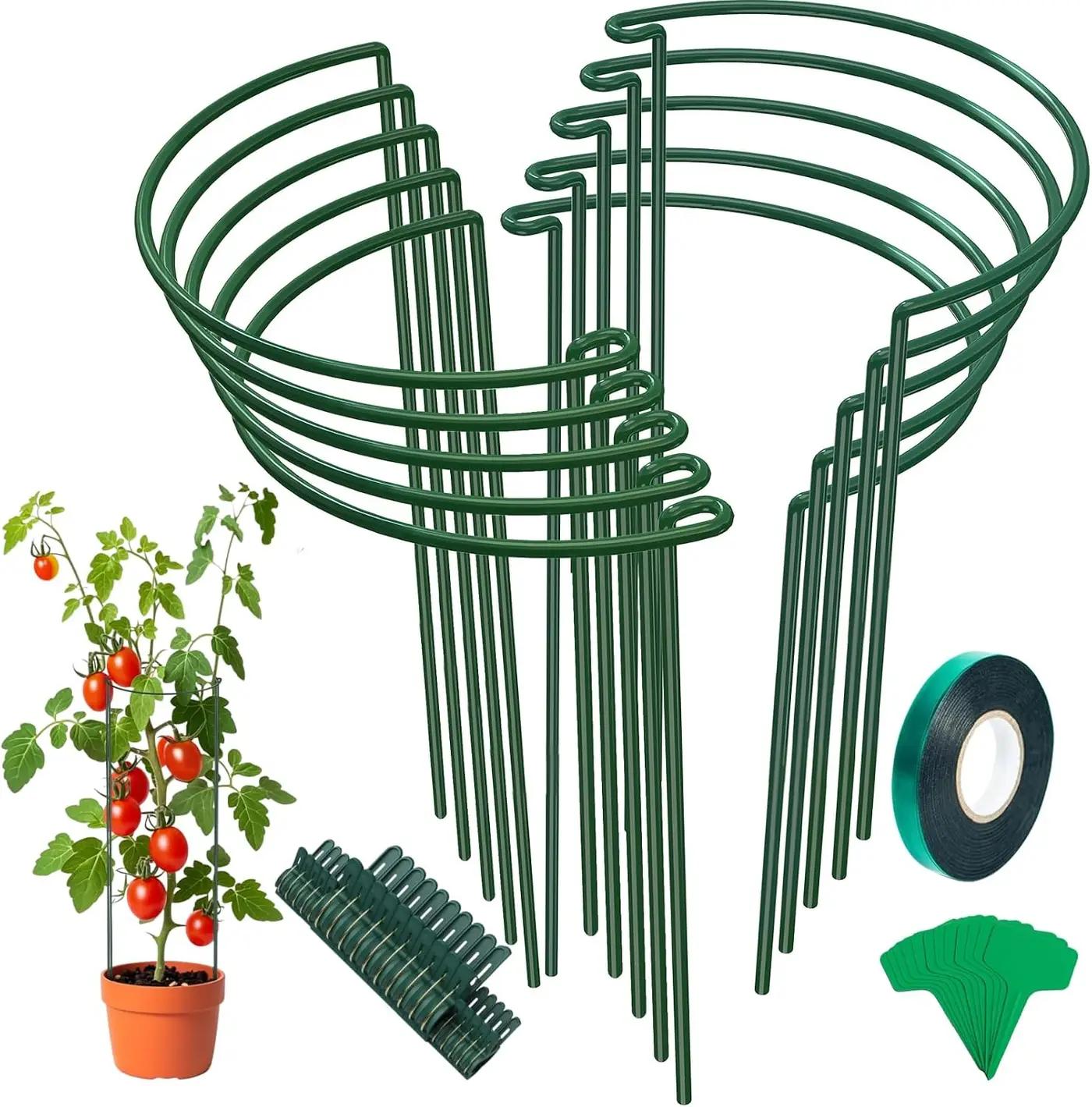 Unves 10 Pack Plant Support Stakes, 10" W x 16" H Half Round Peony Cages and Supports, Metal Peony Cage Plant Ring for Outdoor Plants Tomato Flower Vine, with Garden Labels, Clips and Ties