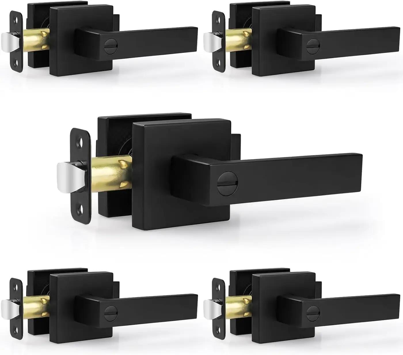 Estmoon 5 Pack Matte Black Door Handles Interior Door Knobs, Keyless Privacy Bedroom Door Lock, Heavy Duty Zinc Alloy Home Improvement Door Leverset for Bedrooms Bathrooms