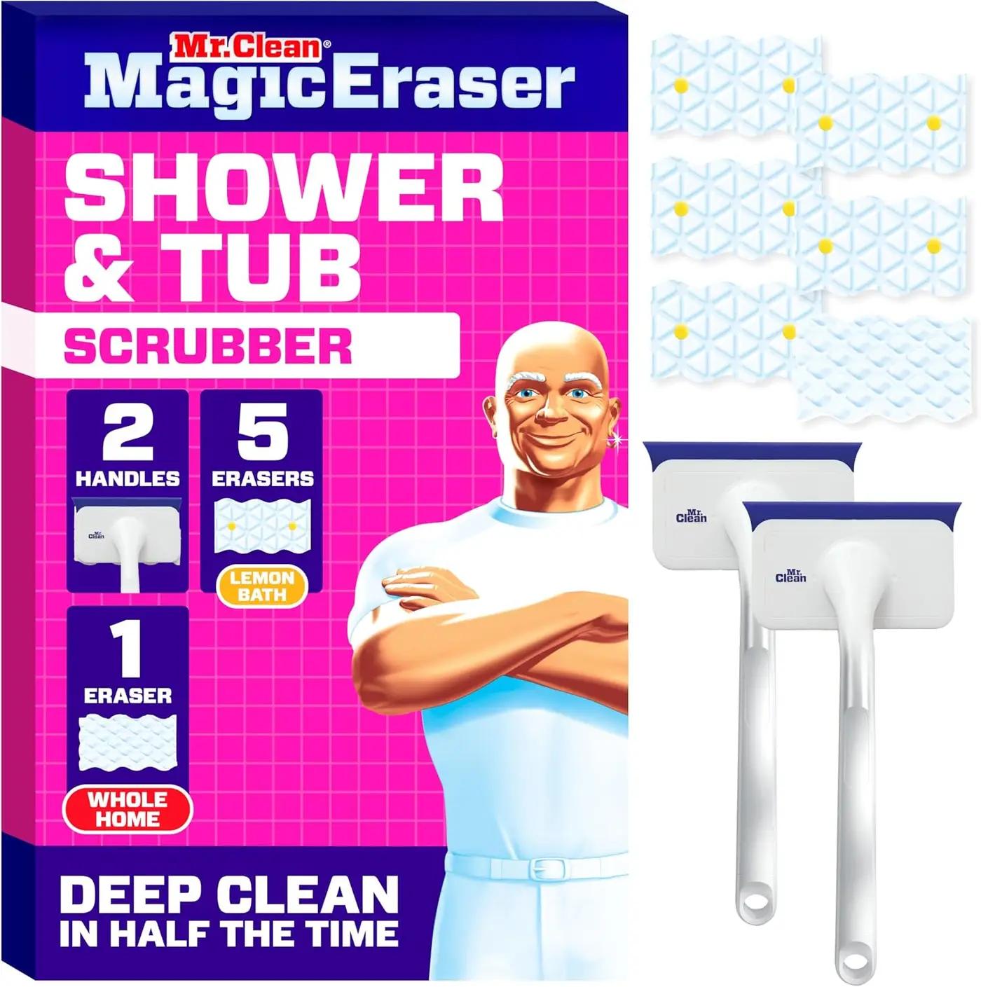 Mr. Clean Magic Eraser Shower &amp; Tub Scrubber, Bathroom Cleaner, All in One Bathroom Cleaner, Lemon Starter Kit, 2 Scrubber, 5 Foaming Magic Erasers, 1 Whole Home Extra Durable Magic Eraser