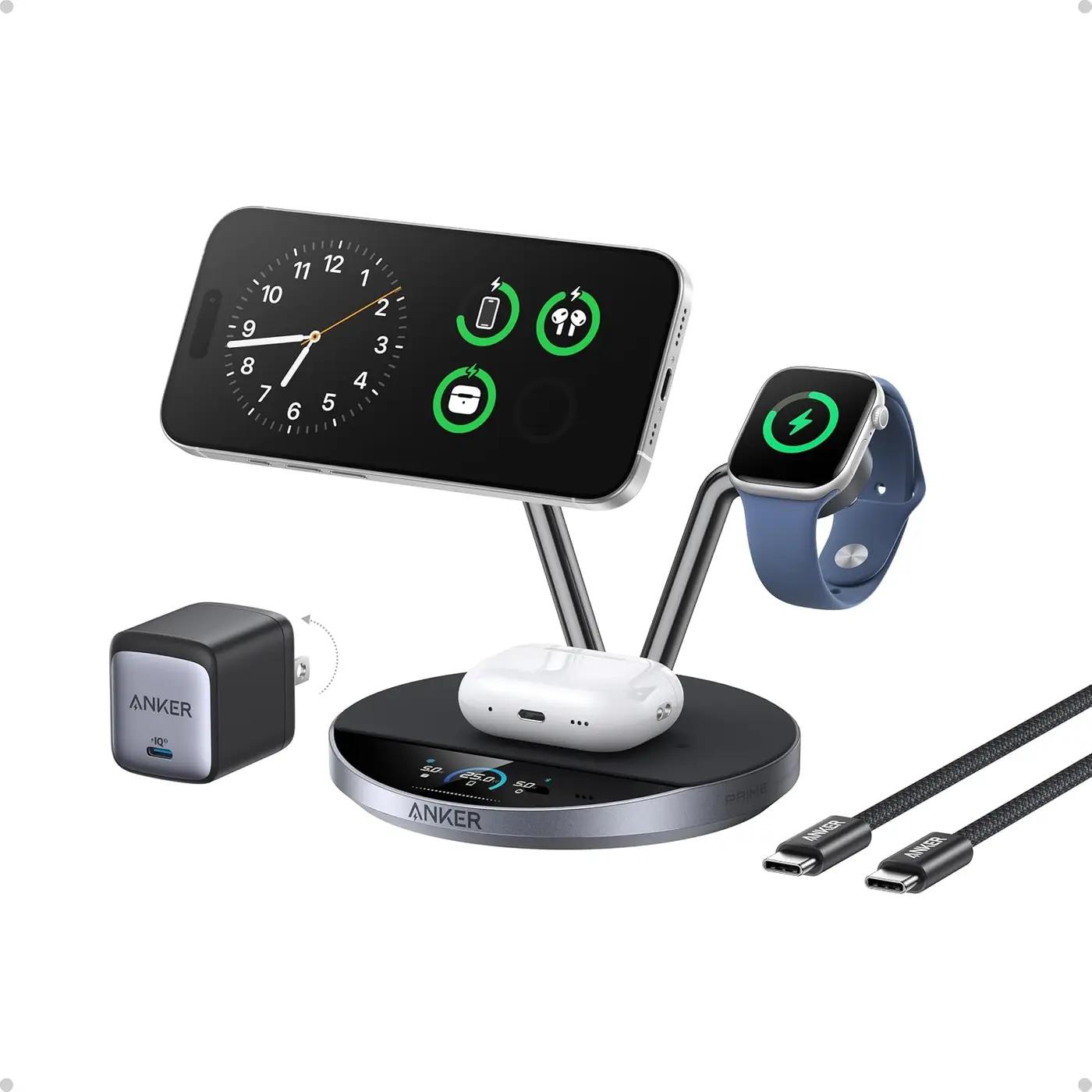 Anker Prime MagSafe Charger, 3-in-1 Qi2 25W Certified Wireless Charging Station, Smart Display, AirCool Powered by Aerospace-Grade TEC, for iPhone 17, Apple Watch, AirPods, and More ClimatePartner certified
