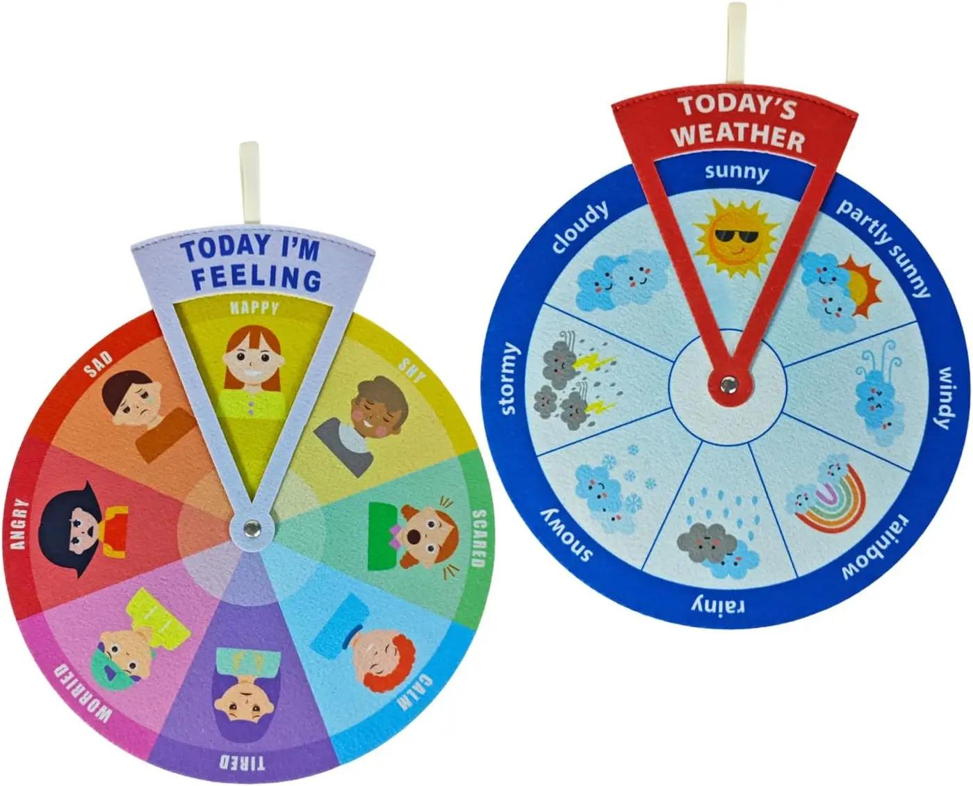 2-in-1 Emotion Wheel &amp; Weather Chart for Kids - Interactive Social Emotional Learning (SEL) &amp; Weather Forecast Preschool Toy, Felt Spinner Set for Classroom &amp; Home (2 Pack)