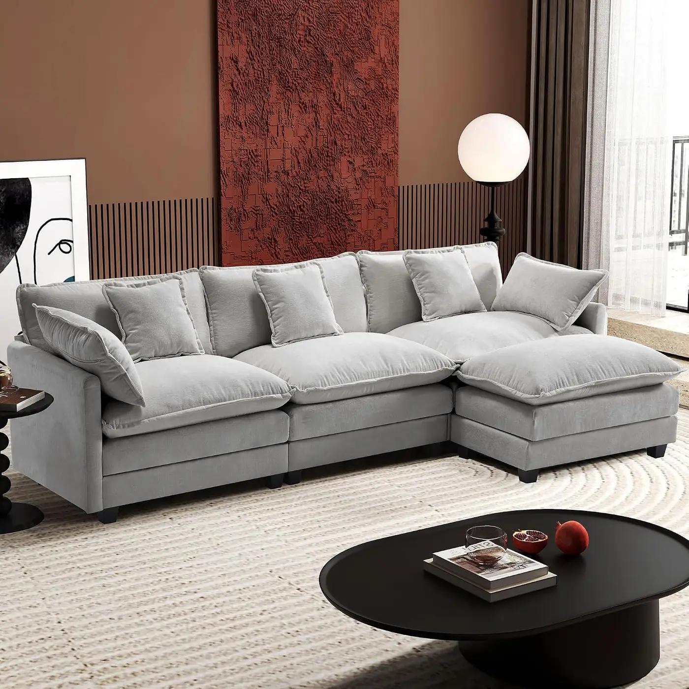 Ihanherry 111.4" L Shaped Modern Sofa Modular Sectional Cloud Couch with Ottoman, 4-Seat Chenille Deep Seat Sofa with Pillow for Living Room, Bedroom and Apartment, Grey Global Recycled Standard