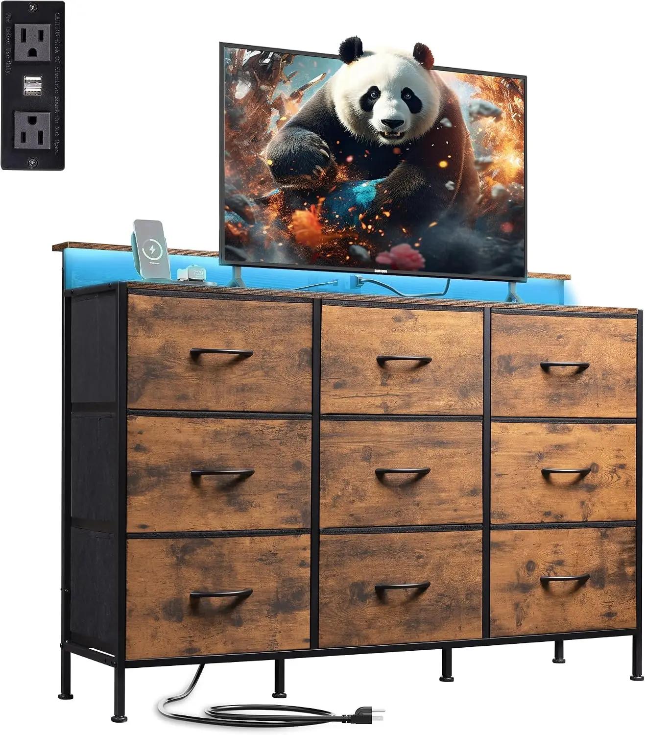WLIVE Dresser TV Stand for 45, 50, 55 inch TV, Entertainment Center with LED Lights &amp; Charging Station, Chest of Drawers with 9 Fabric Drawers and Open Shelves for Living Room, Hallway, Rustic Brown