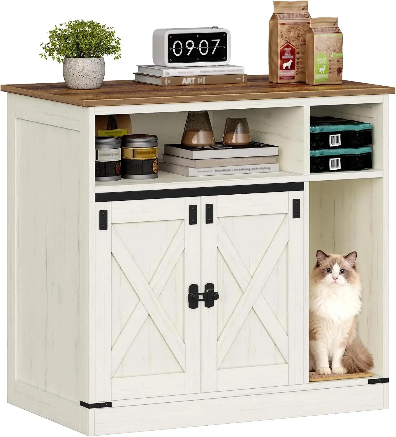 Hzuaneri Cat Litter Box Enclosure, Hidden Litter Box Furniture with Storage, Wooden Cat Cabinet with Scratch Pad, Farmhouse Cats House, TV Stand End Table, Rustic Brown and White CB87514X