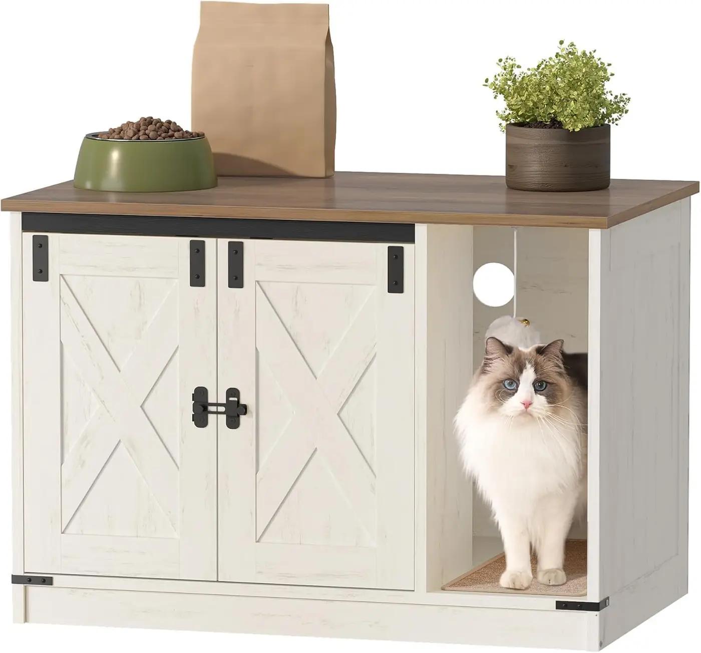 Hzuaneri Cat Litter Box Enclosure, Hidden Litter Box Cabinet Furniture with Bell, Indoor Cats House, Farmhouse Style, 31.5 x 19.7 x 20.9Inches, for Hallway, Bedroom, Rustic Brown and White CB82414X