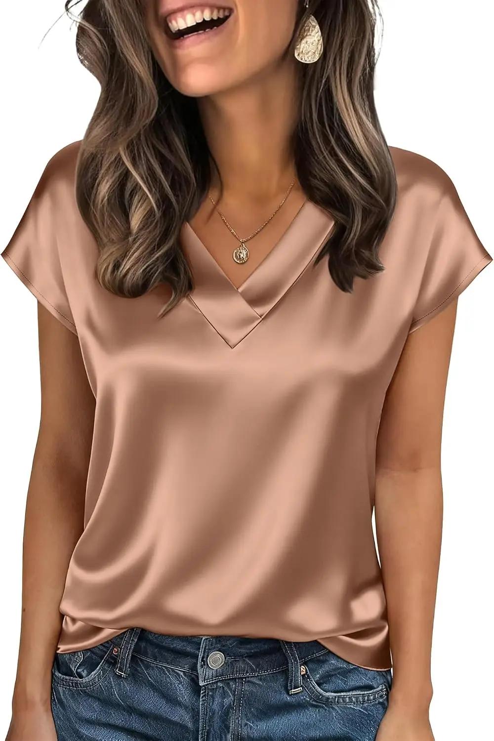Zeagoo Women Silk Satin Tops Cap Short Sleeve Blouse V Neck Shirts Business Casual Outfits S-2XL Global Recycled Standard