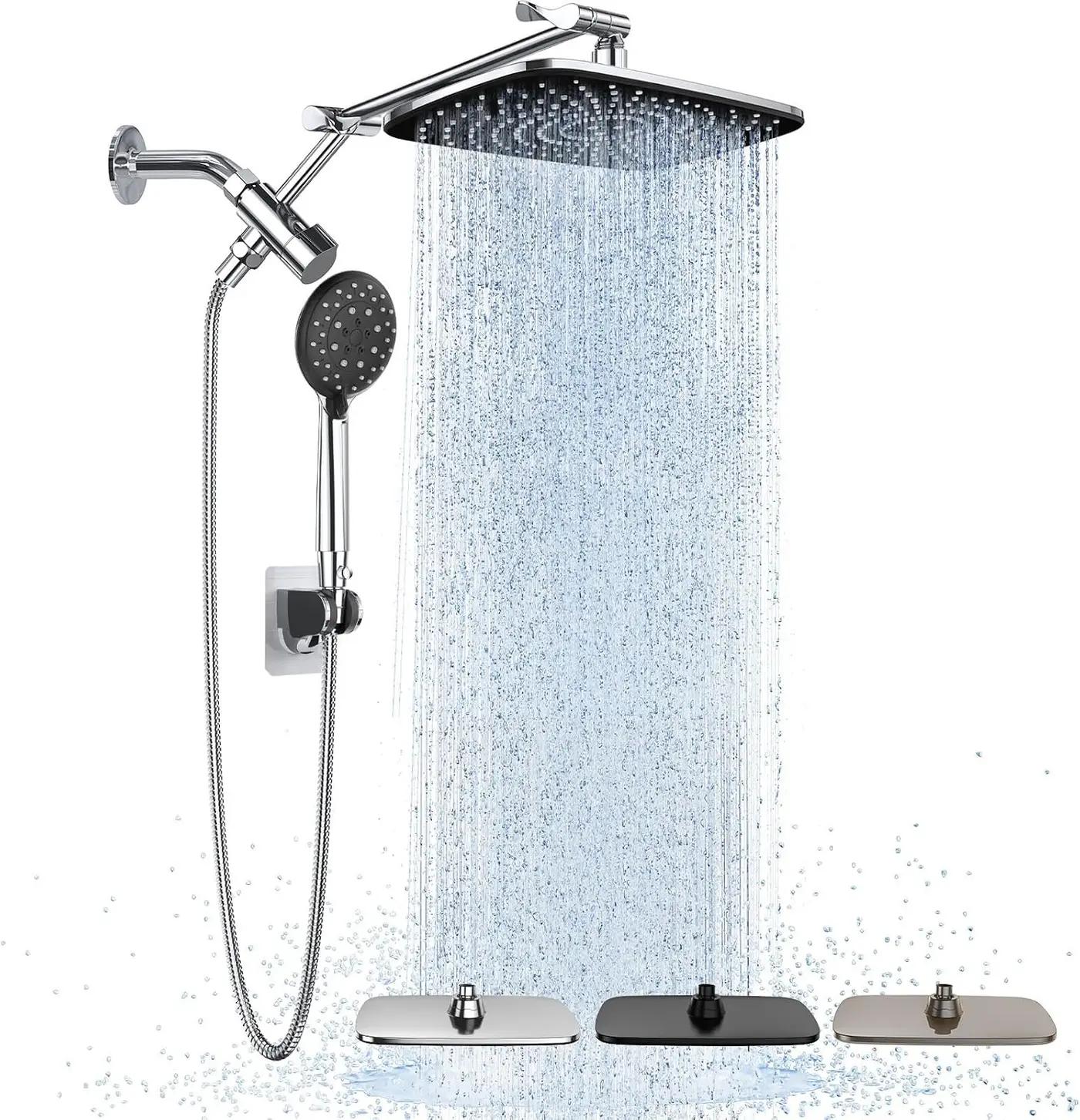 Veken Wide High Pressure Rain Shower Head with Handheld, Handheld Shower Heads with Multi Spray Modes, Rainfall Combo with 15" Metal Extension Arm,Detachable Dual Shower, Bathroom Decor,Chrome Silver