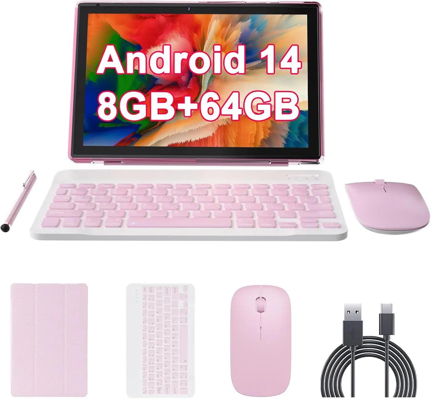 10 inch Android 14 Tablet with Keyboard, 2 in 1 Tablets Set Include Case Mouse Stylus, 8GB RAM+64GB ROM, Quad Core 10.1'' Tab, 6000mAh Battery, 8MP Dual Camera, Google GMS Certification Tableta