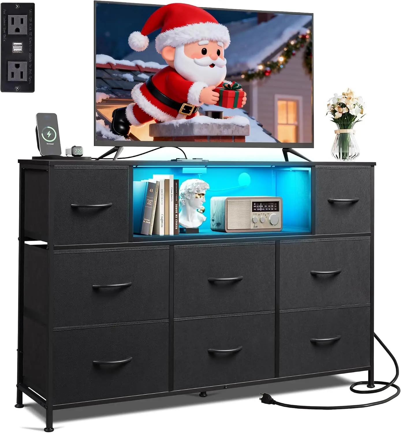 WLIVE Black Dresser TV Stand for 45, 50, 55 inch TV, Entertainment Center with LED Lights &amp; Charging Station, Chest of Drawers with 8 Fabric Drawers and Open Shelves for Living Room, Hallway, Wood Top